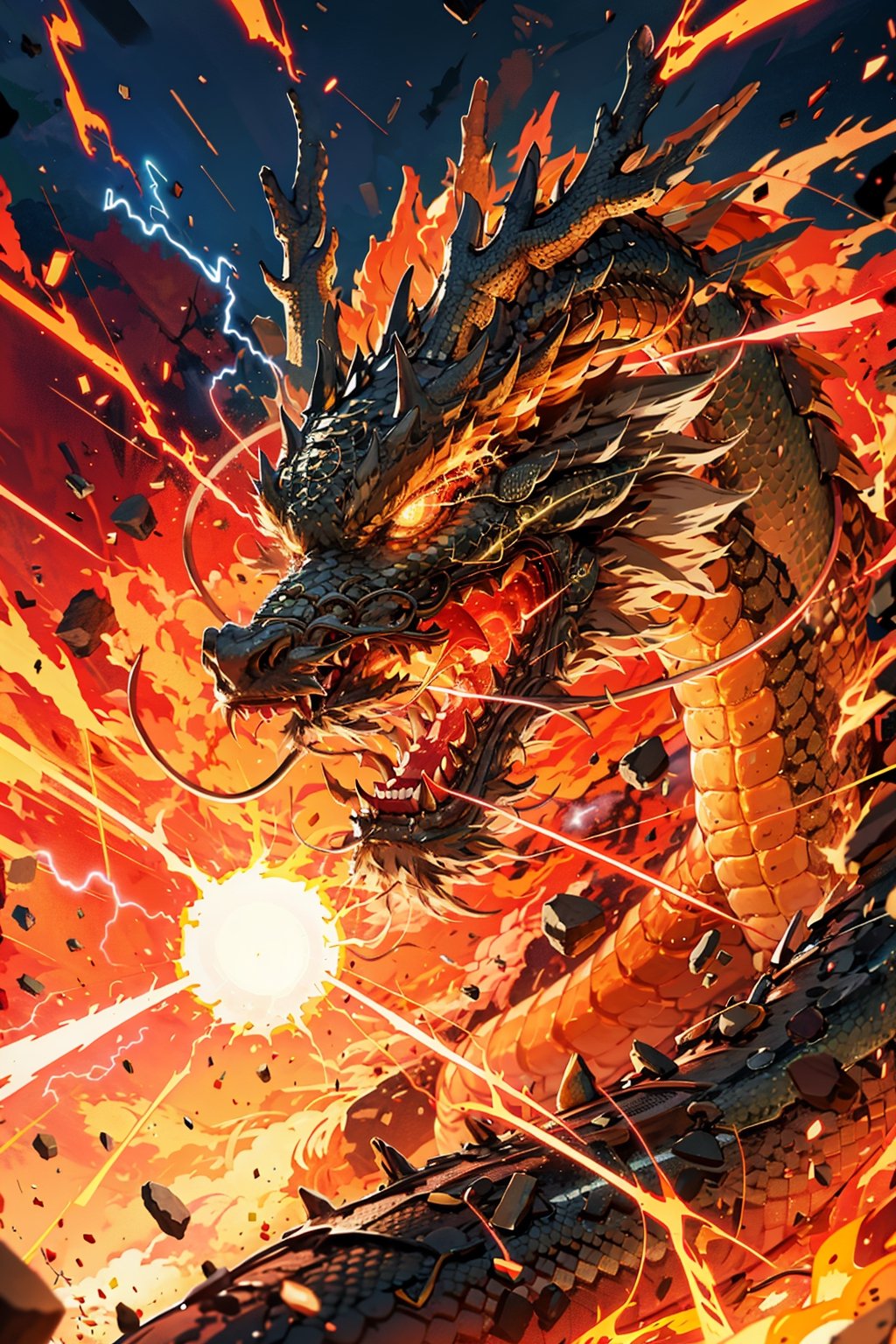 eastern dragon, destruction, open mouth, glowing, electricity, fire, glowing eyes, horns, scales, teeth, energy cannon, lightning