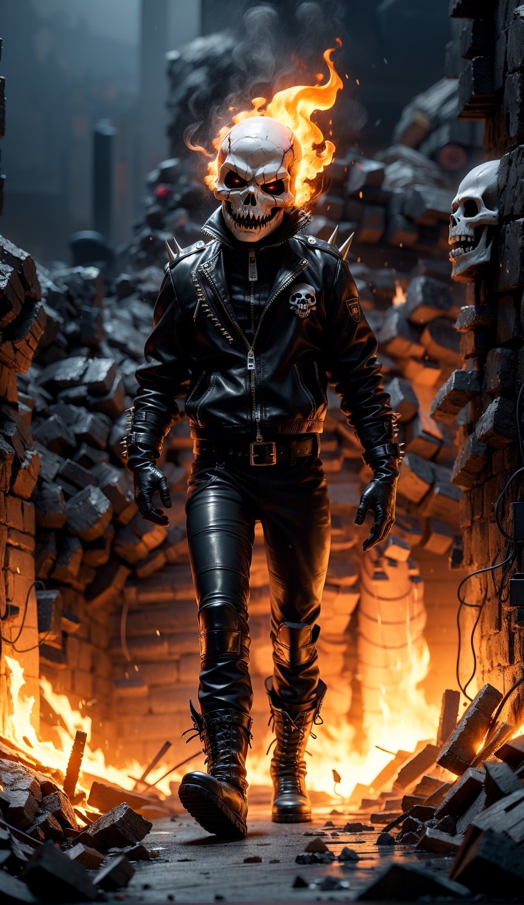 solo, gloves, 1boy, standing, jacket, full body, male focus, boots, black gloves, belt, pants, black footwear, black jacket, mask, glowing, black pants, fire, spikes, zipper, walking, skull, leather, leather jacket, embers, shoulder spikes, burning, fiery hair, leather pants

