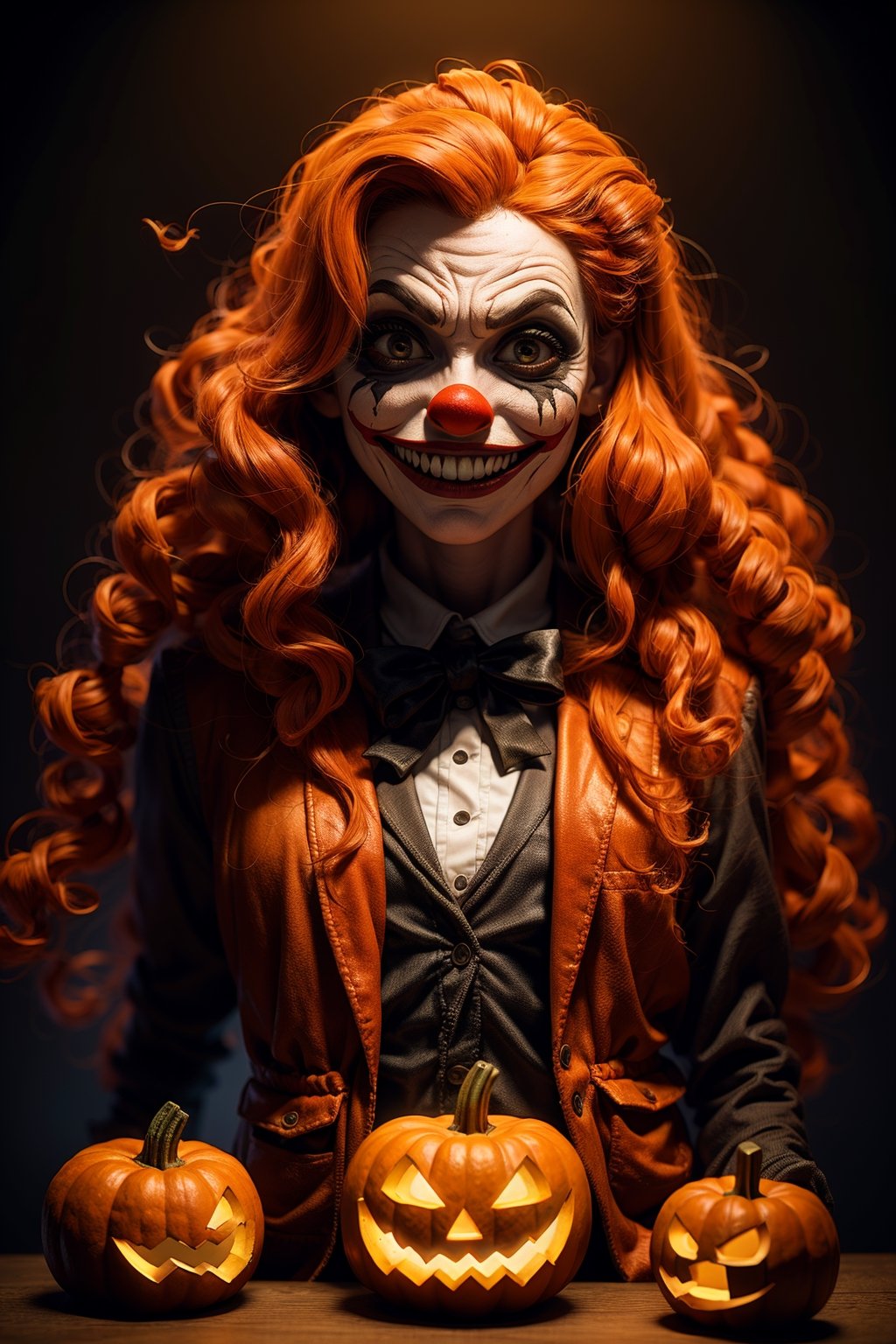 jack-o'-lantern, clown, pumpkin, vest, horror \(theme\), orange hair, gloves, smile, long hair, side