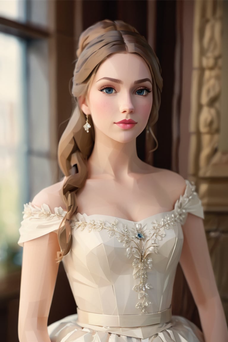  A beautiful white girl wearing a gorgeous dress, standing in the corner looking at the camera, 19th century American banquet style, portrait style,Looking at the camera,ulta realistic, detailed, clear focus, deep focus, mouth closed