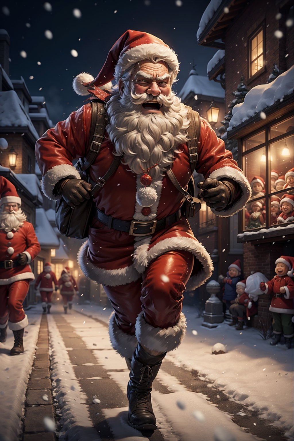 santa claus, male focus, facial hair, boots, santa hat, beard, snowing, gloves, santa costume, running, mustache, snow, fur trim, belt, sack, bag, pants, night, black gloves