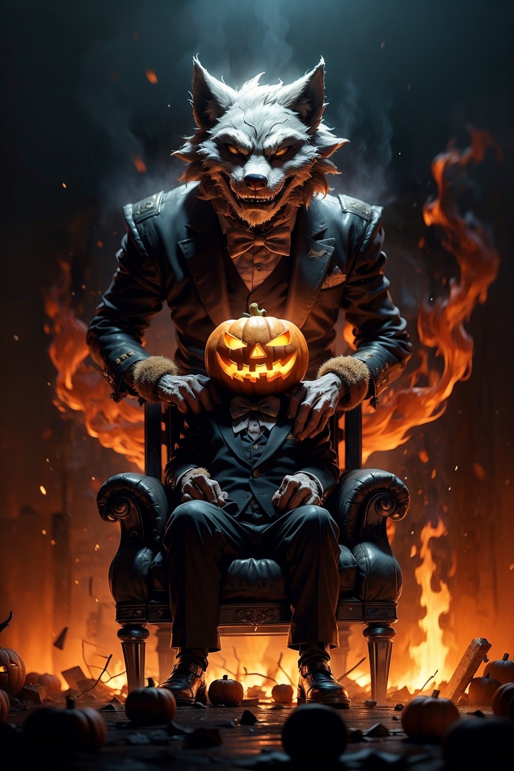 Jack-o '-lantern, dramatic lighting, darkness, wolf-like humanoid monster,smile, sitting, bowtie, , bow, vest, formal, chair, suit, pants, gloves, buttons,Dark background, embers, fire,from below,crossing the arms