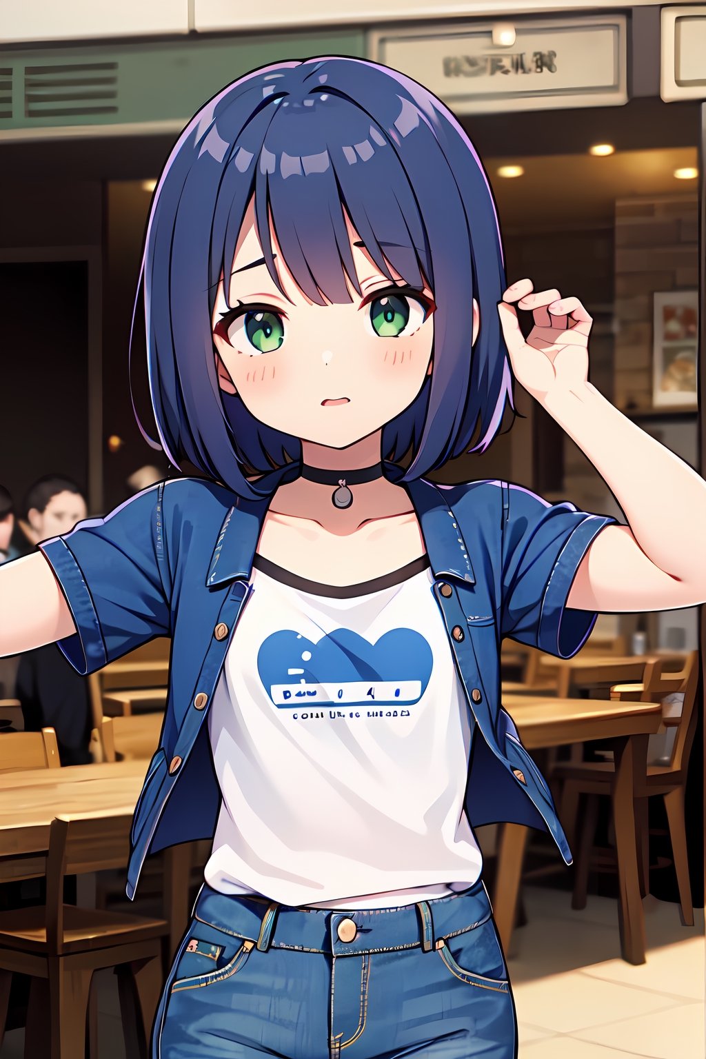 (absurdres,  highres,  ultra detailed,  high resolution: 1.1)
BREAK
1girl,  solo,
BREAK
short hair, blue hair, green eyes, shirt, denim shorts, choker, depth of field, speed lines, park,
BREAK
nice hands,  perfect hands,