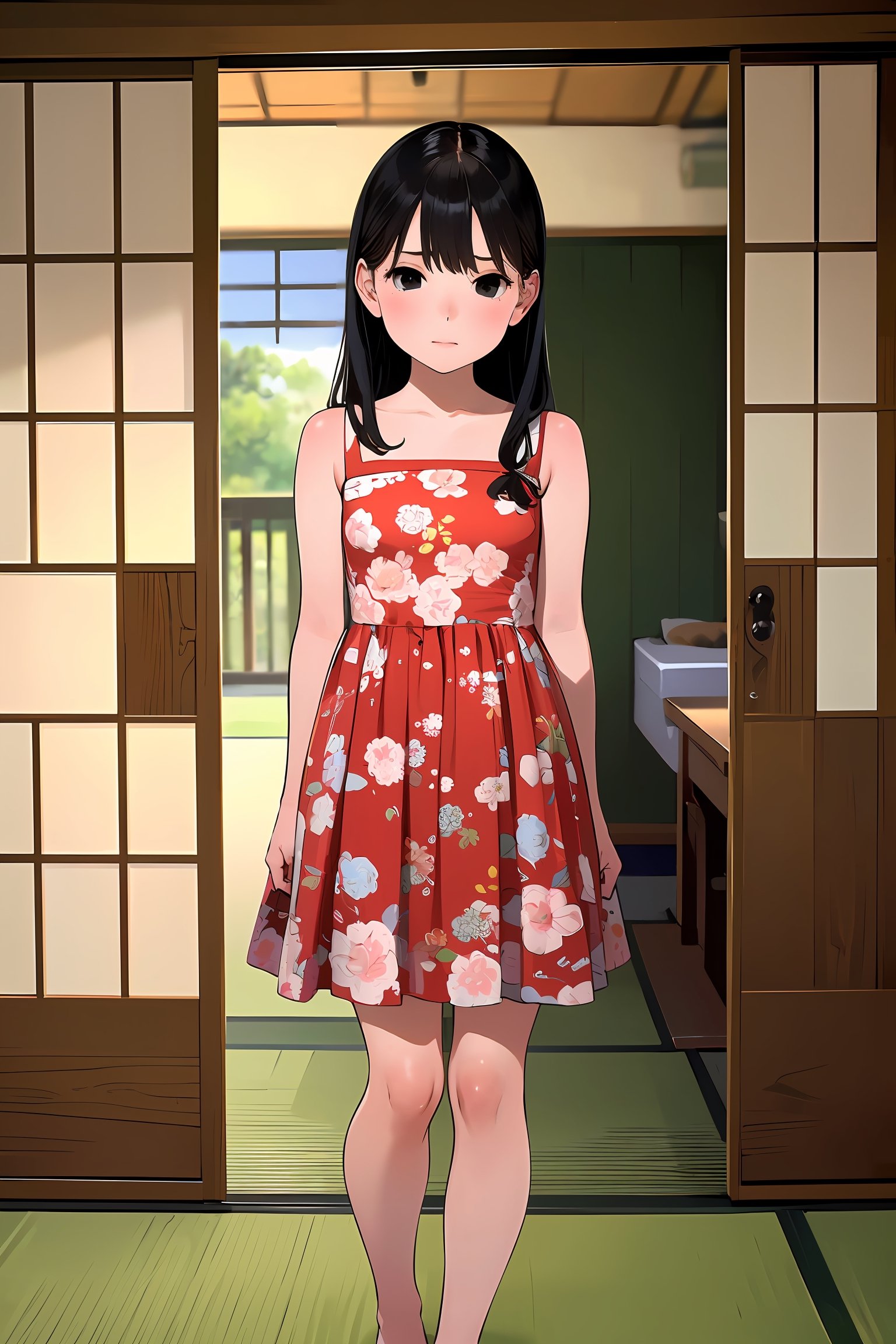 ((masterpiece, best quality, absurdres, highres, ultra detailed, high resolution, very fine 8KCG wallpapers)), 1girl, solo, black hair, long hair, black eyes, blush, dress, standing, barefoot, legs, arms behind back, floral print, sundress, indoor, Japanese style room, sliding doors, tatami,