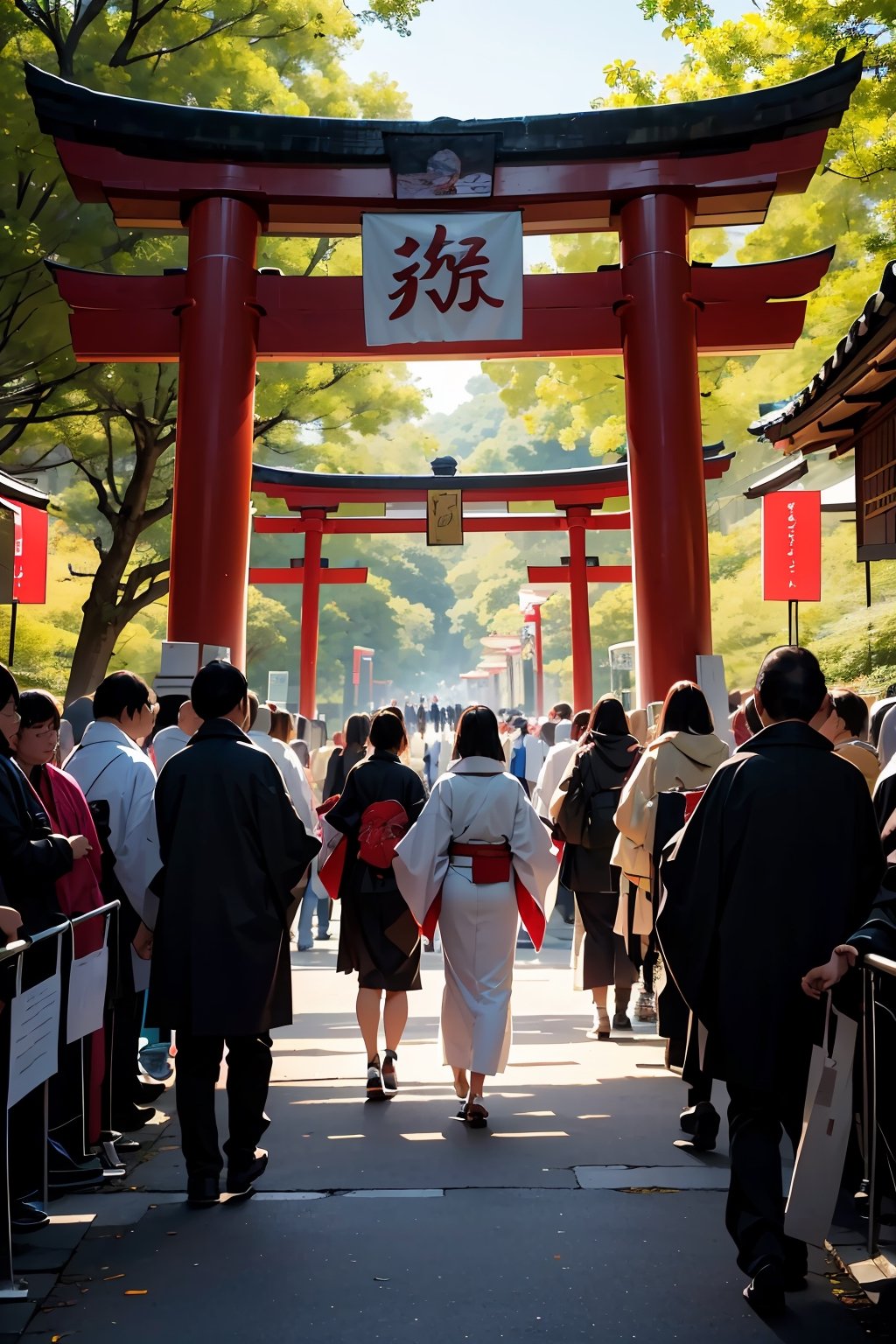 ((masterpiece, best quality, ultra detailed, very fine 8KCG wallpapers, absurdres, highres, high resolution)), New Year, Japan, first visit of the year to a shrine, torii, many people on the approach to the shrine, there are food stalls lined up beside the approach road, people of all ages, men and women, there are many women wearing gorgeous kimonos, crowd of people fills the approach to the shrine, from above,