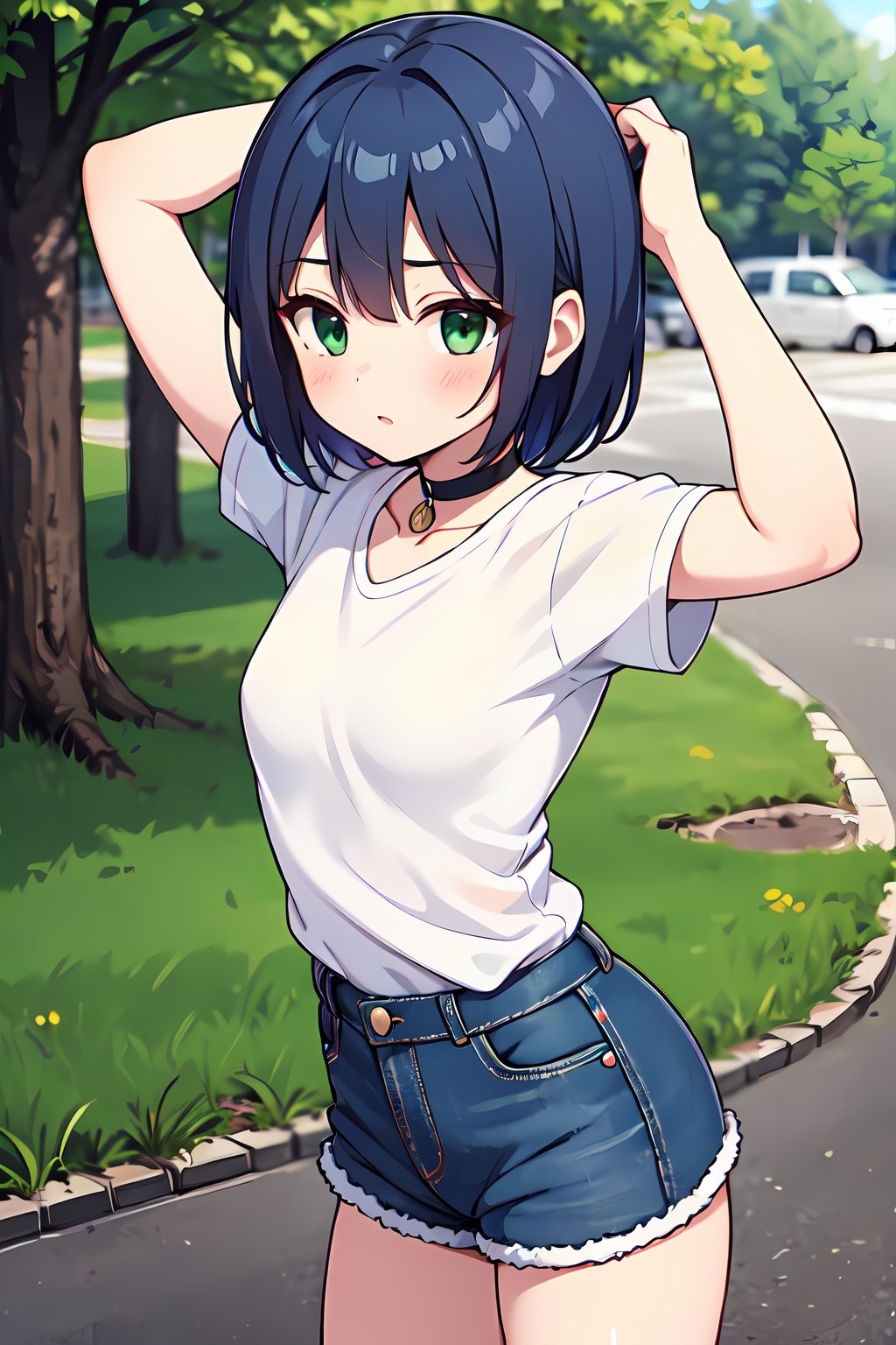 (absurdres,  highres,  ultra detailed,  high resolution: 1.1)
BREAK
1girl,  solo,
BREAK
short hair, blue hair, green eyes, shirt, denim shorts, choker, depth of field, speed lines, park,
BREAK
nice hands,  perfect hands,