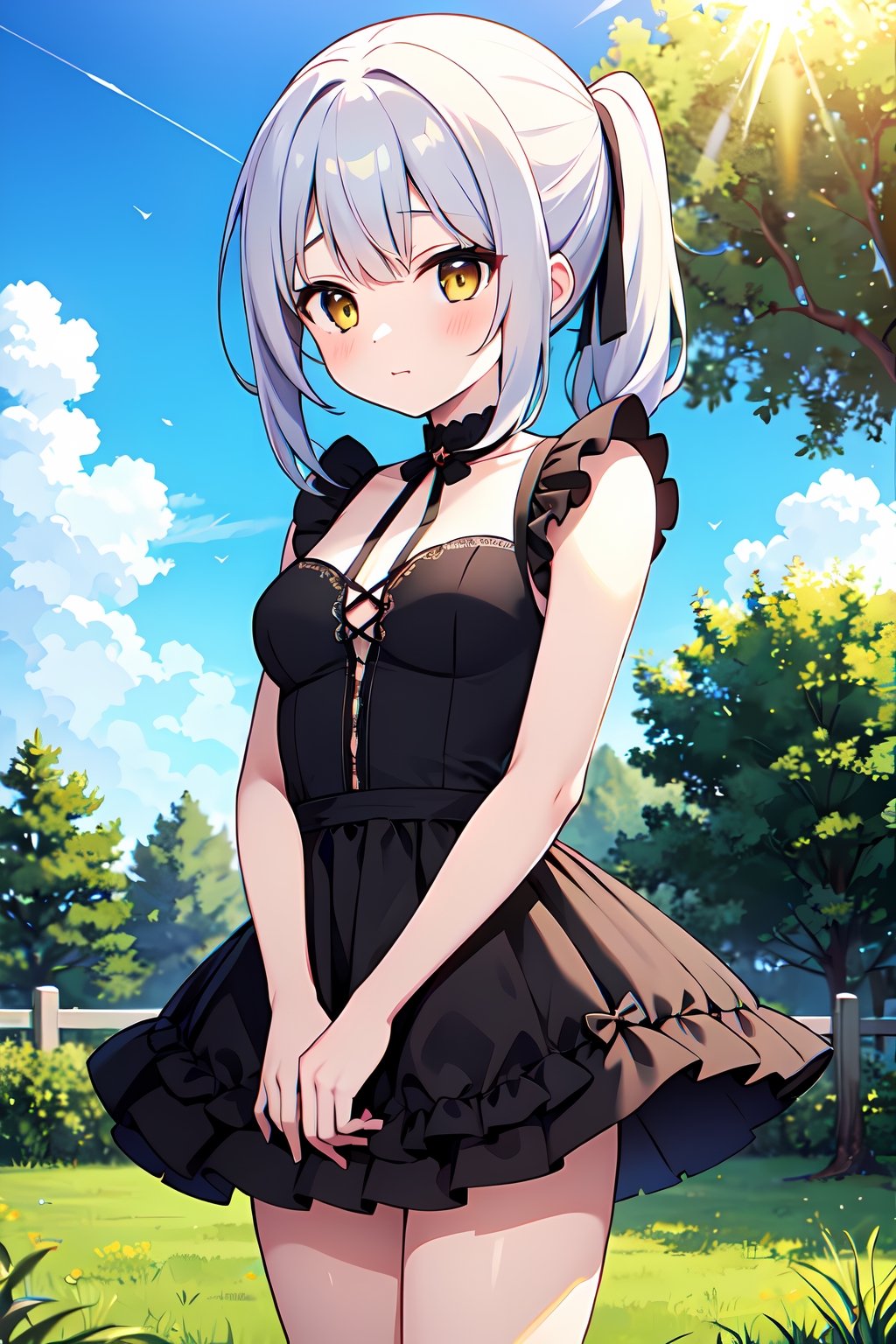 (absurdres,  highres,  ultra detailed,  high resolution: 1.1)
BREAK
1girl,  solo, cute, petite,
BREAK
medium hair, silver hair, yellow eyes, wavy hair, side ponytail, medium breasts, dress, gothic,
BREAK
field, sun, cloud, lens flare,
BREAK
nice hands,  perfect hands,