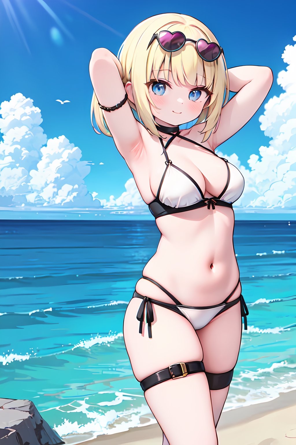 (absurdres,  highres,  ultra detailed,  high resolution: 1.1)
BREAK
1girl,  solo, large breasts,  smile, looking at viewer,
BREAK
breasts, swimsuit, bikini, eyewear on head, sunglasses, white bikini, navel, armpits, thigh strap, jewelry, cleavage, blonde hair, bracelet, arms up, short hair, blue eyes, belt, blush, thighs, arms behind head, closed mouth, bead bracelet, bangs, beads
BREAK
sky, cloud, ocean, day, blue sky, outdoors, cowboy shot,
BREAK
nice hands,  perfect hands,