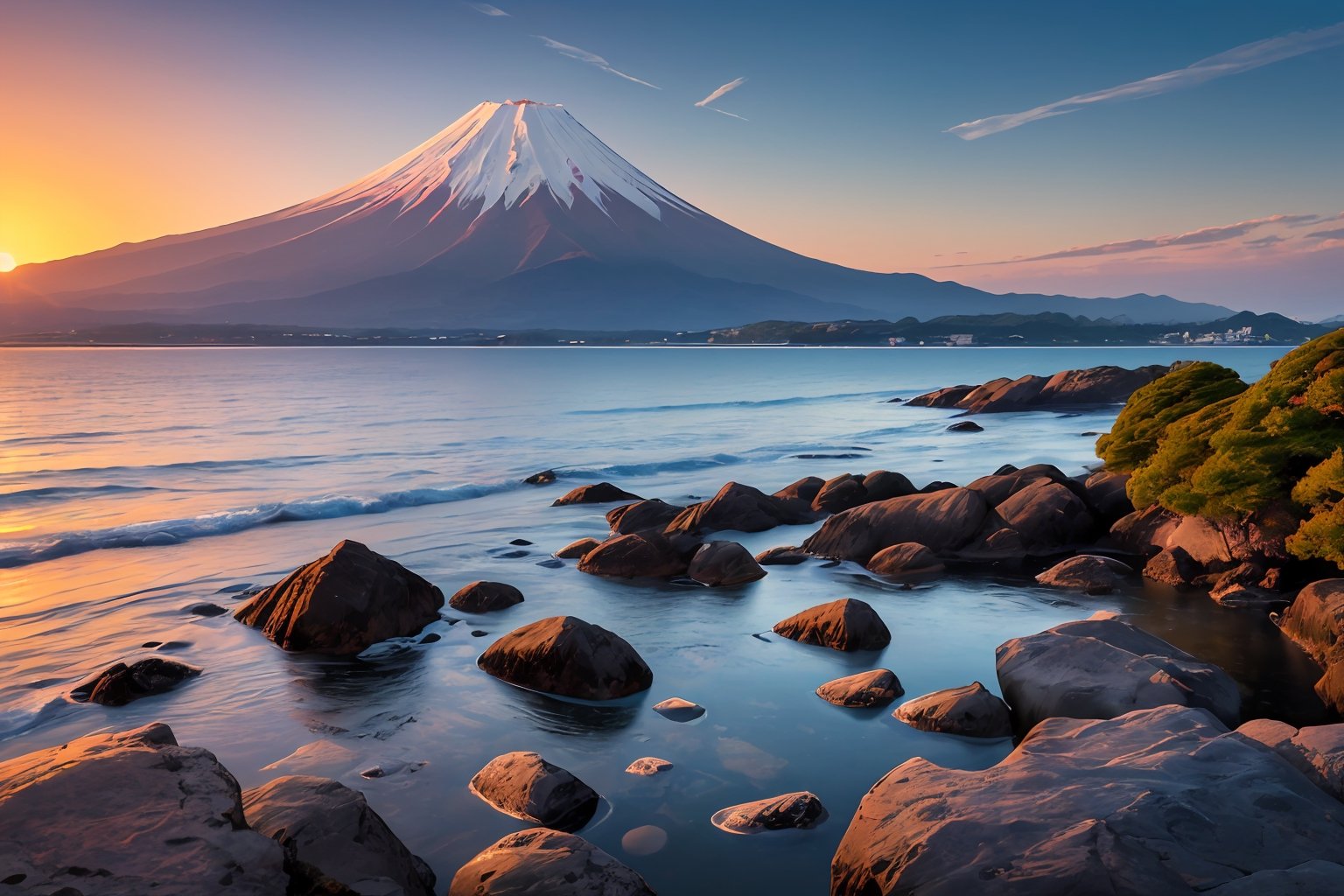 ((masterpiece, best quality, ultra detailed, very fine 8KCG wallpapers, absurdres, highres, high resolution)), landscape painting, Japan, shore of Sagami bay, Fuji mountain in the distance, first sunrise, sunrise sky, the morning sun rising from the horizon illuminates the sea and mountains,