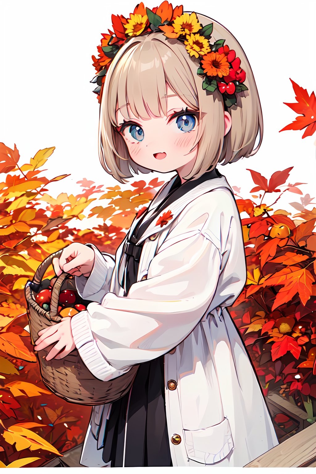 (absurdres,  highres,  ultra detailed,  high resolution: 1.1)
BREAK
1girl,  solo, happy,detailed beautiful eyes,
BREAK
hugging basket, fruit in basket,autumn,light brown hair,bob hair,maple leaf hair ornament,
BREAK
nice hands,  perfect hands,