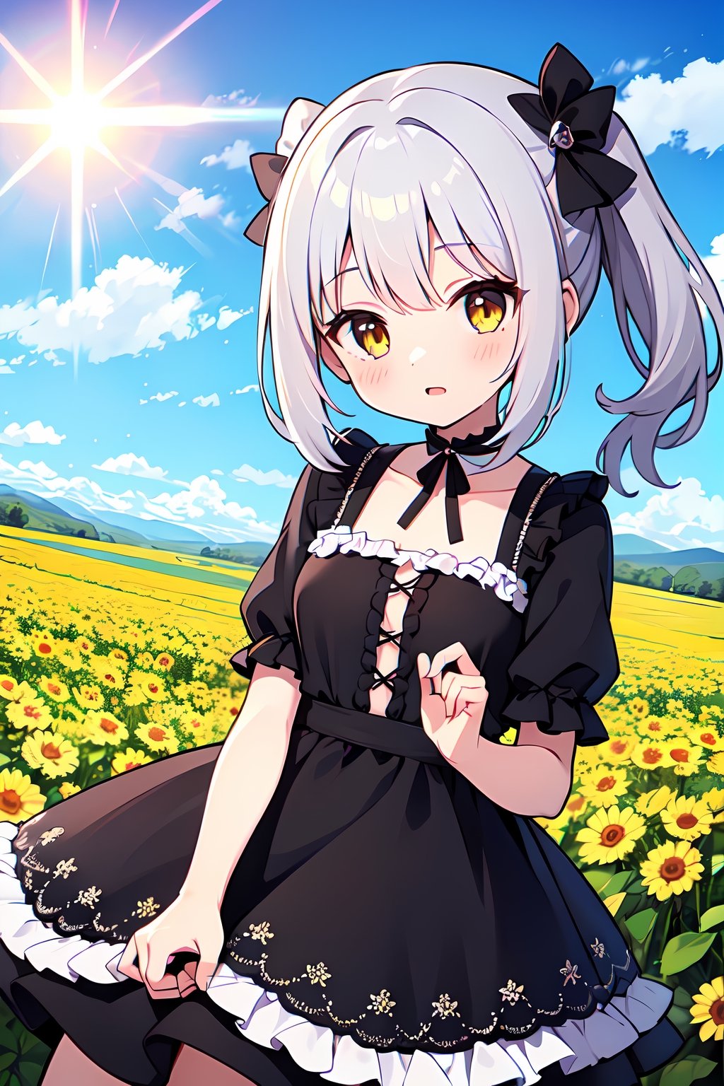 (absurdres,  highres,  ultra detailed,  high resolution: 1.1)
BREAK
1girl,  solo, cute, petite,
BREAK
medium hair, silver hair, yellow eyes, wavy hair, side ponytail, medium breasts, dress, gothic,
BREAK
field, sun, cloud, lens flare,
BREAK
nice hands,  perfect hands,