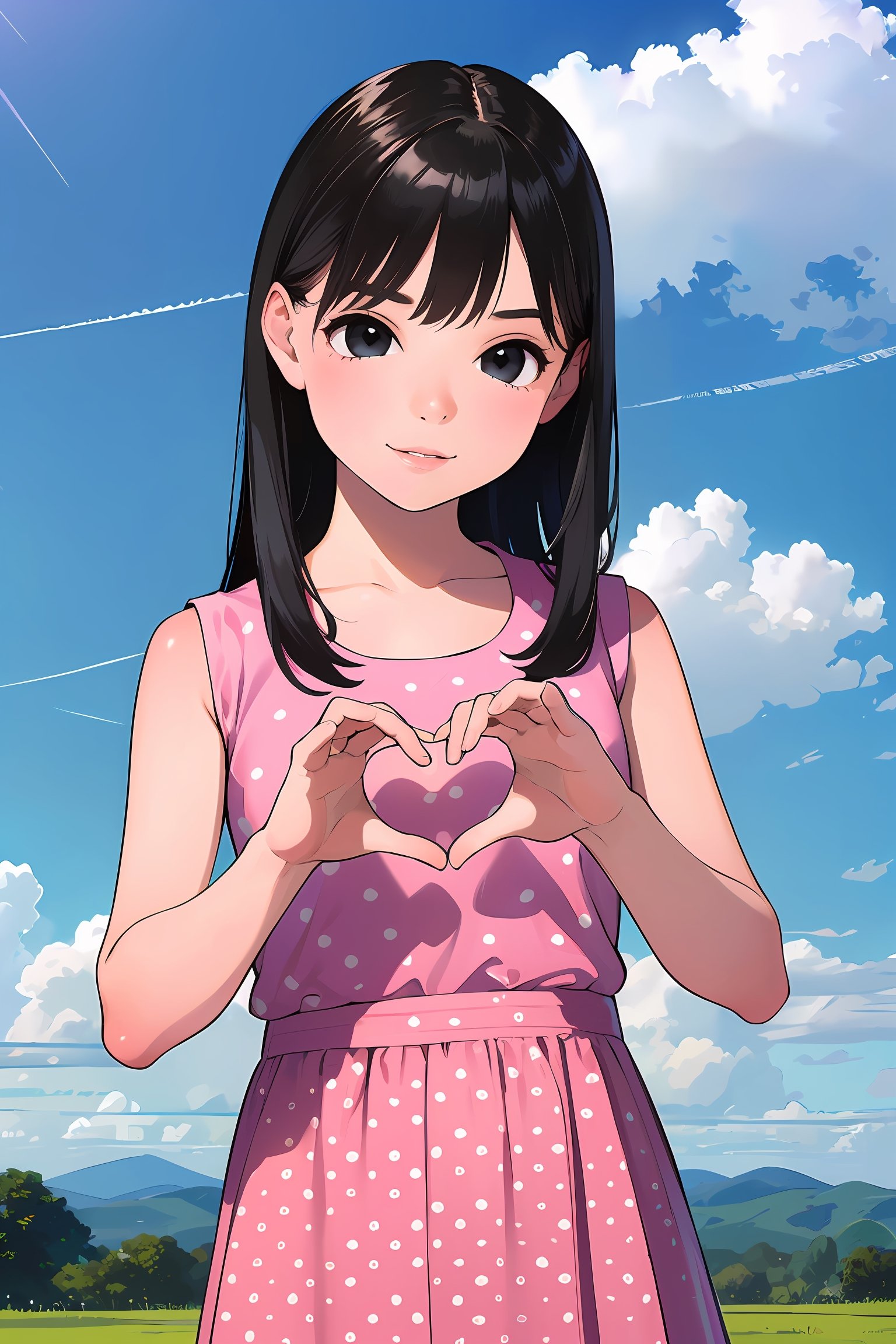 ((masterpiece, best quality, absurdres, highres, ultra detailed, high resolution, very fine 8KCG wallpapers)), 1girl, solo, black hair, long hair, black eyes, looking at viewer, smile, pink shirt, pink skirt, sleeveless, polka dot shirt, polka dot skirt, heart, heart hands, outdoors, rural, sky, day, cloud,
