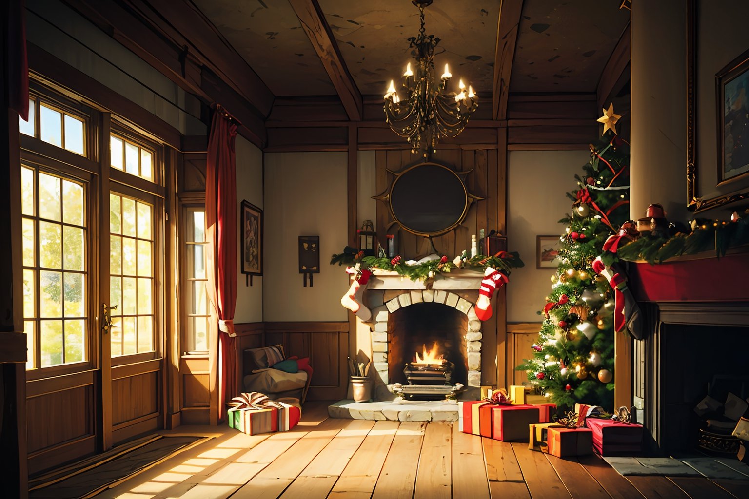 ((masterpiece, best quality, ultra detailed, high resolution, very fine 8KCG wallpapers)), 1girl, solo, There is a large window on the left side of the room, There is a fireplace on the right side of the room, There is a large Christmas tree in the center, There is a girl in front of the Christmas tree, The girl is looking up at the large Christmas tree, the girl looks very happy, warm lights, soft lights, snowy outside the window, neon, cinematic, portrait, romantic, intricate details, ray tracing, studio ghibli style, Hayao Miyazaki style, Studio Ghibli, nice hands, perfect hands,