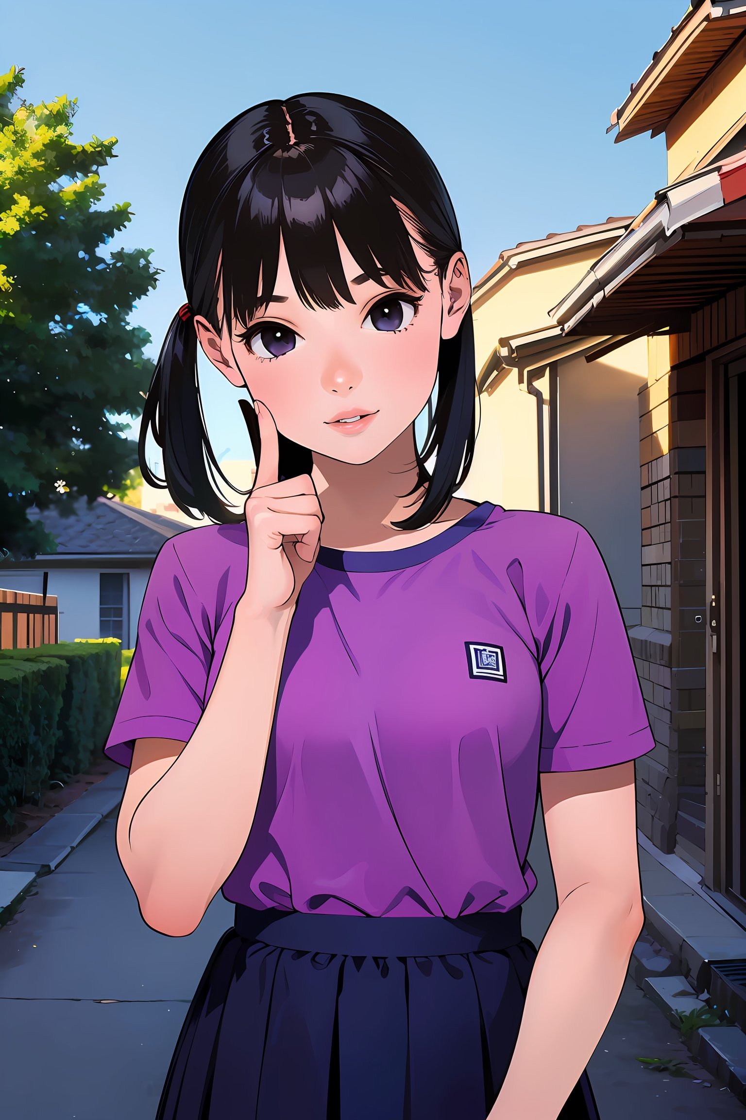 ((masterpiece, best quality, absurdres, highres, ultra detailed, high resolution, very fine 8KCG wallpapers)), 1girl, solo, black hair, medium hair, half-up bun, blunt bangs, black eyes, lips, finger to mouth, purple shirt, purple skirt, short sleeves, polka dot shirt, polka dot skirt, outdoor, residential area, day, blue sky, in front of the house,