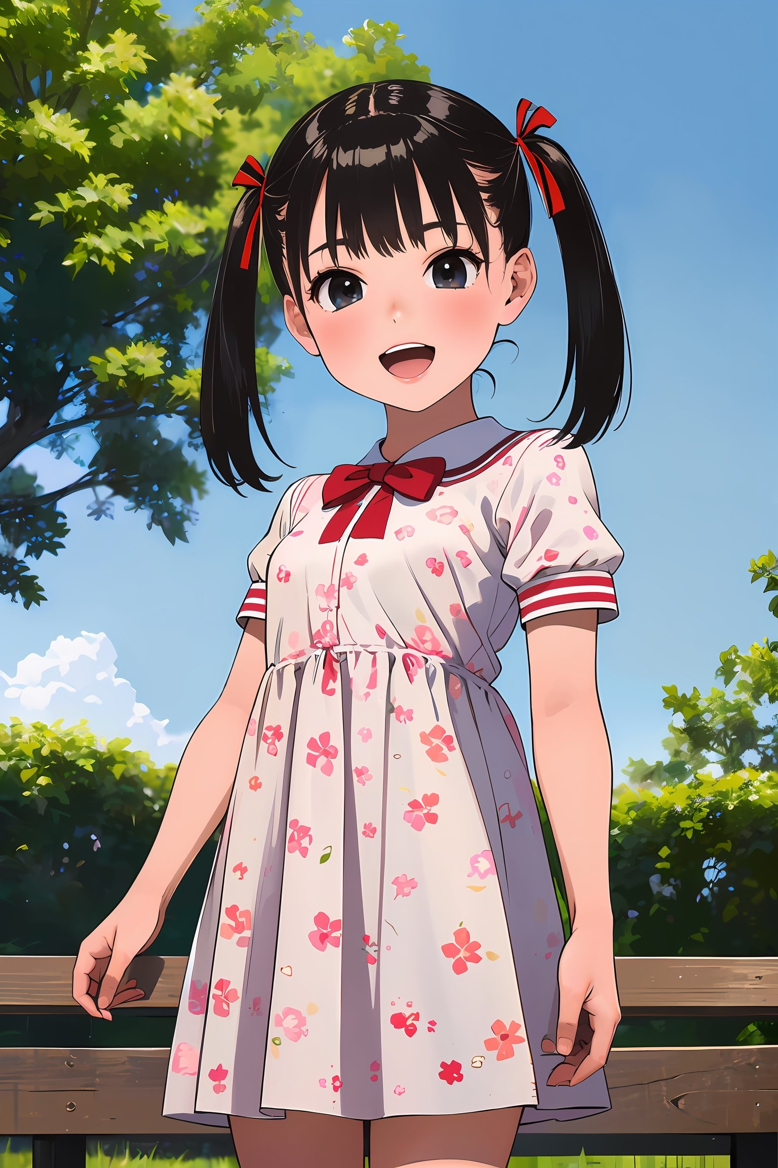 ((masterpiece, best quality, absurdres, highres, ultra detailed, high resolution, very fine 8KCG wallpapers)), 1girl, solo, black hair, short hair, twintails, hair ribbon, hair bun, short twintails, double bun, black eyes, open mouth, blush, smile, looking at viewer, dress, floral print, ribbon, short sleeves, standing, cowboy shot, outdoor, park, day, tree, child, double v, bench,