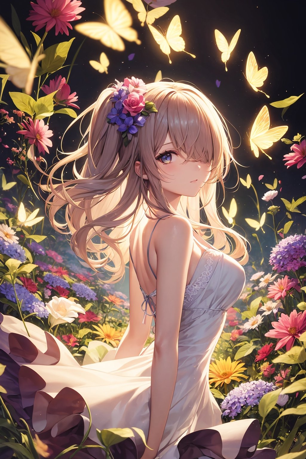 (absurdres, highres, ultra detailed, high resolution: 1.1), 1 girl, solo, kawaii, medium breasts, neon theme, suprematism, flower, flower and hair is same color, beautifuly color, face, hair is becoming flower, butterfly, back light, hair and clothes is flower, upper body, hair with body, webbed dress, big top sleeves, hair over one eye, flower leg, flower hands, body with flower, flower with clothes , dress with flower, light particles, black background, hair with flower, breasts with flower, floating hair with flower, marbling with hair and clothes, looking at viewer, arm down, paper cutting, flower forground, wavy hair, diffusion lighting, butterfly with body, nice hands, perfect hands,