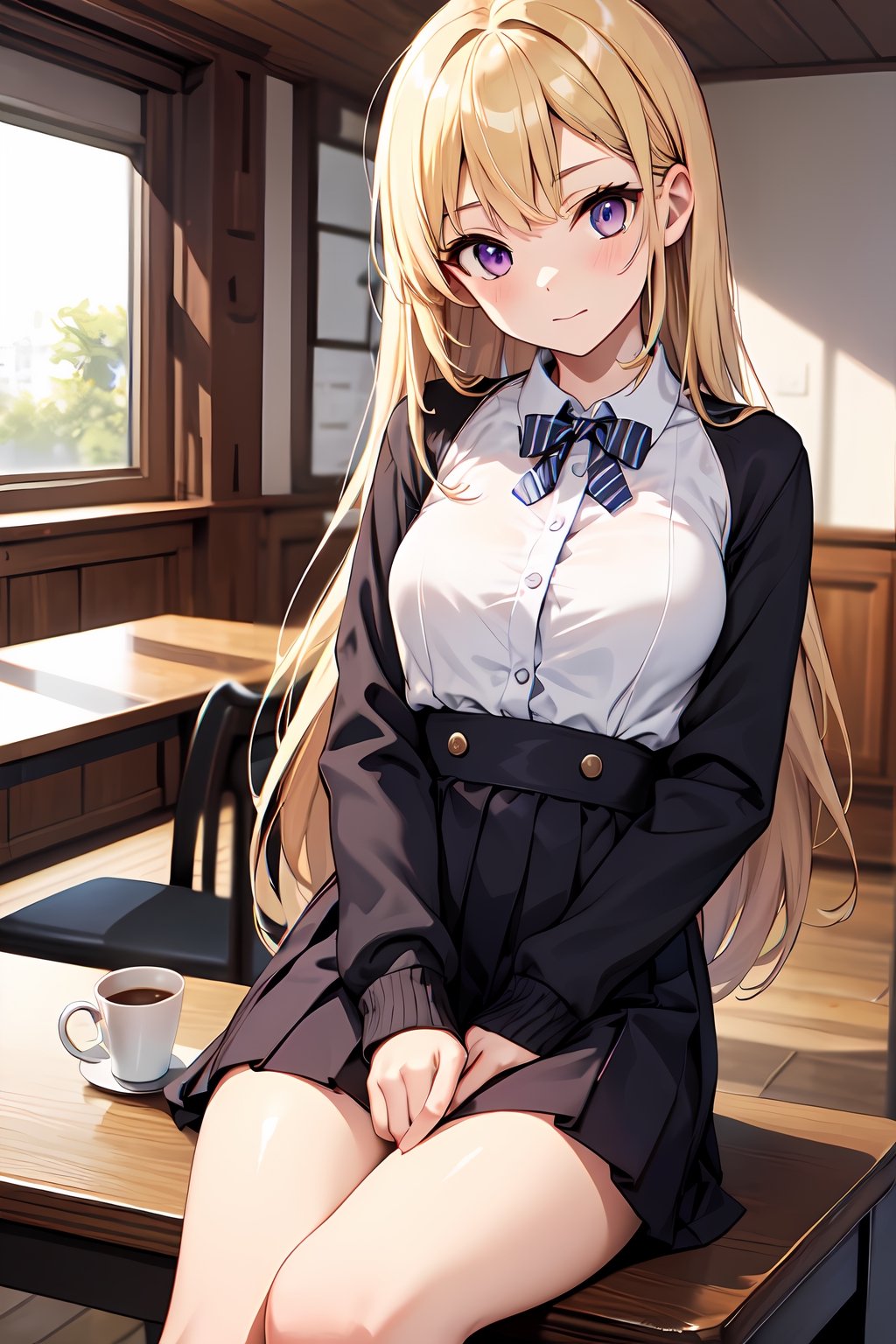 (absurdres,  highres,  ultra detailed,  high resolution: 1.1)
BREAK
1girl, solo, medium breasts, POV dating, upturned eyes,
BREAK
blonde hair, purple eyes,
BREAK
school uniform,
BREAK
cafe, coffee, sitting, table, looking at viewer,
BREAK
nice hands, perfect hands,