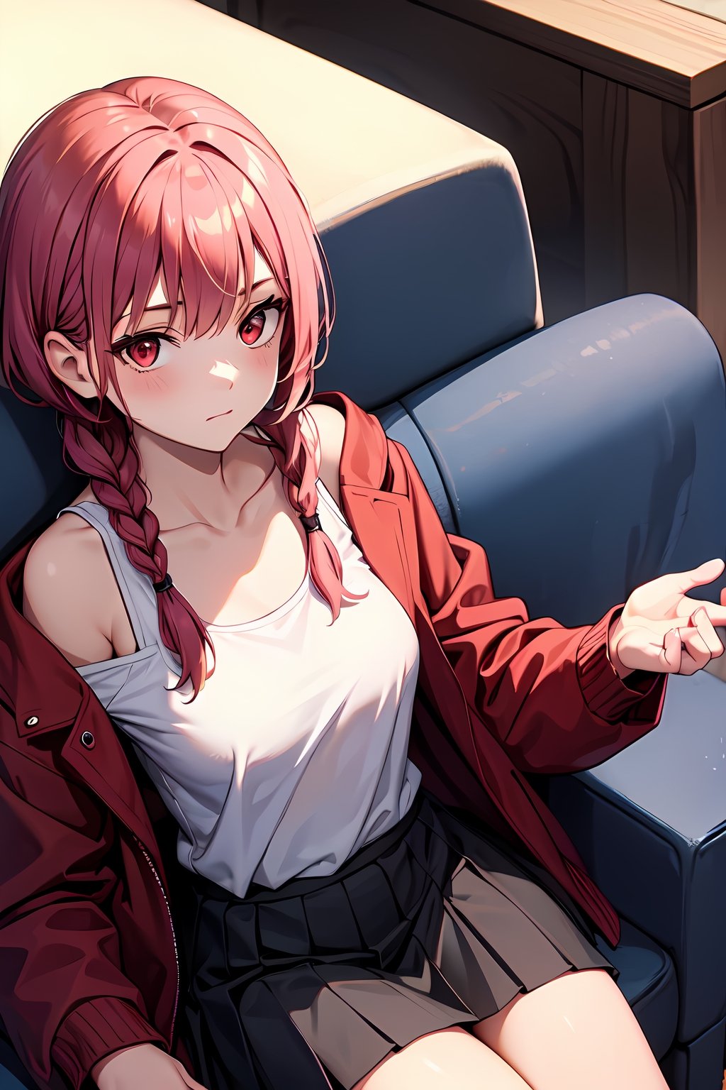 (absurdres,  highres,  ultra detailed,  high resolution: 1.1)
BREAK
1girl, solo, large_breasts,
BREAK
red_eyes, pink_hair, braid,
BREAK
jacket, red_jacket, black_skirt, miniskirt, pleated_skirt, skirt, collarbone,
BREAK
couch, looking_at_viewer, sitting,
BREAK
nice hands,  perfect hands,