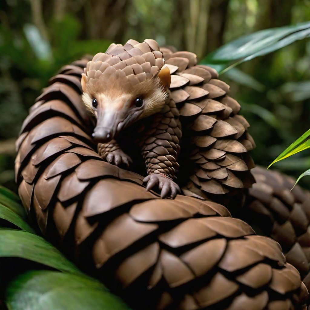 Baby pangolin lying on pangolin mother's tail
, in the rainforest