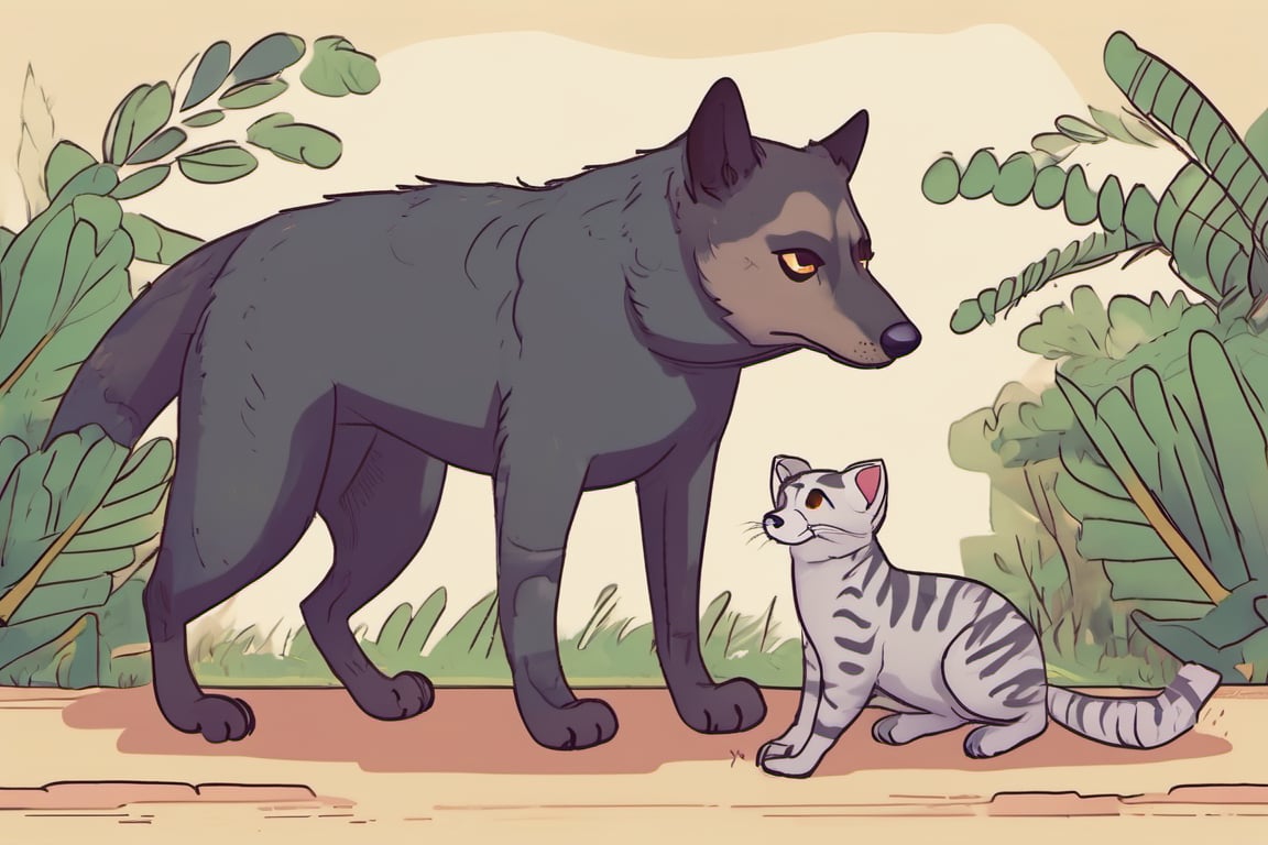 two animals, a small civet and a big dog, lofi, loficolor, lofivibes