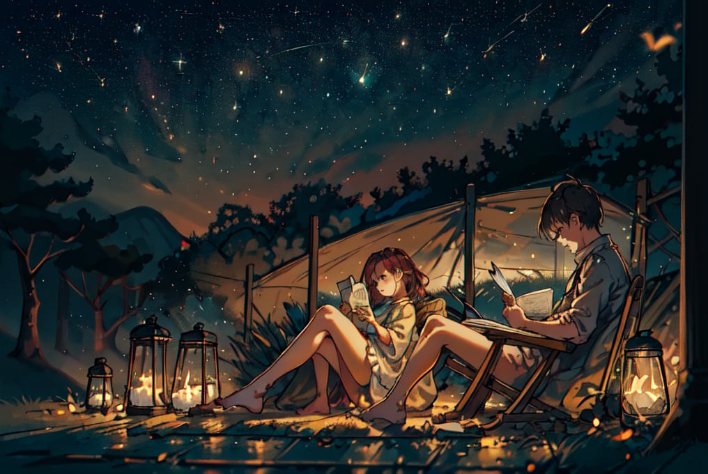 reading on the gressground, under the night sky, stars twinkling brightly, numerous sparks and fireflies filling the air, seated on a cozy blanket, leaning slightly forward engrossed in reading, a book propped open with one hand, the other holding a firefly in mid-air