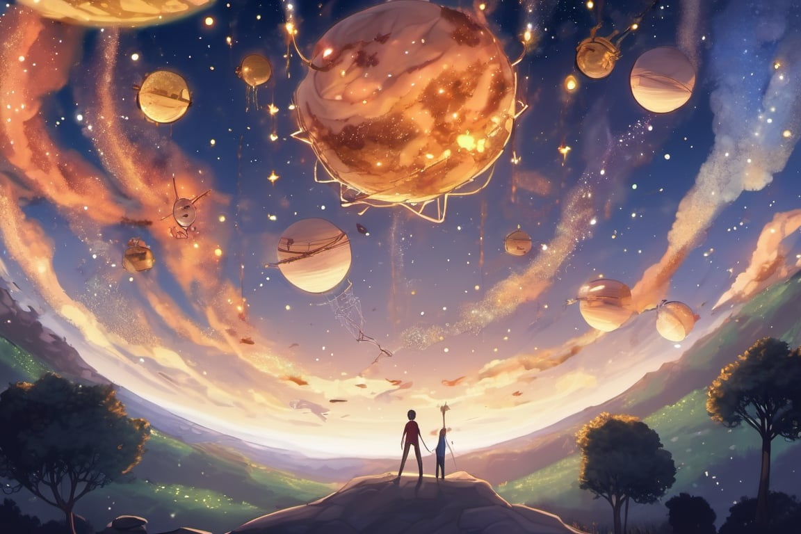 (no humans 1.5), spark, connect each other in the air, starry sky, wide angle
