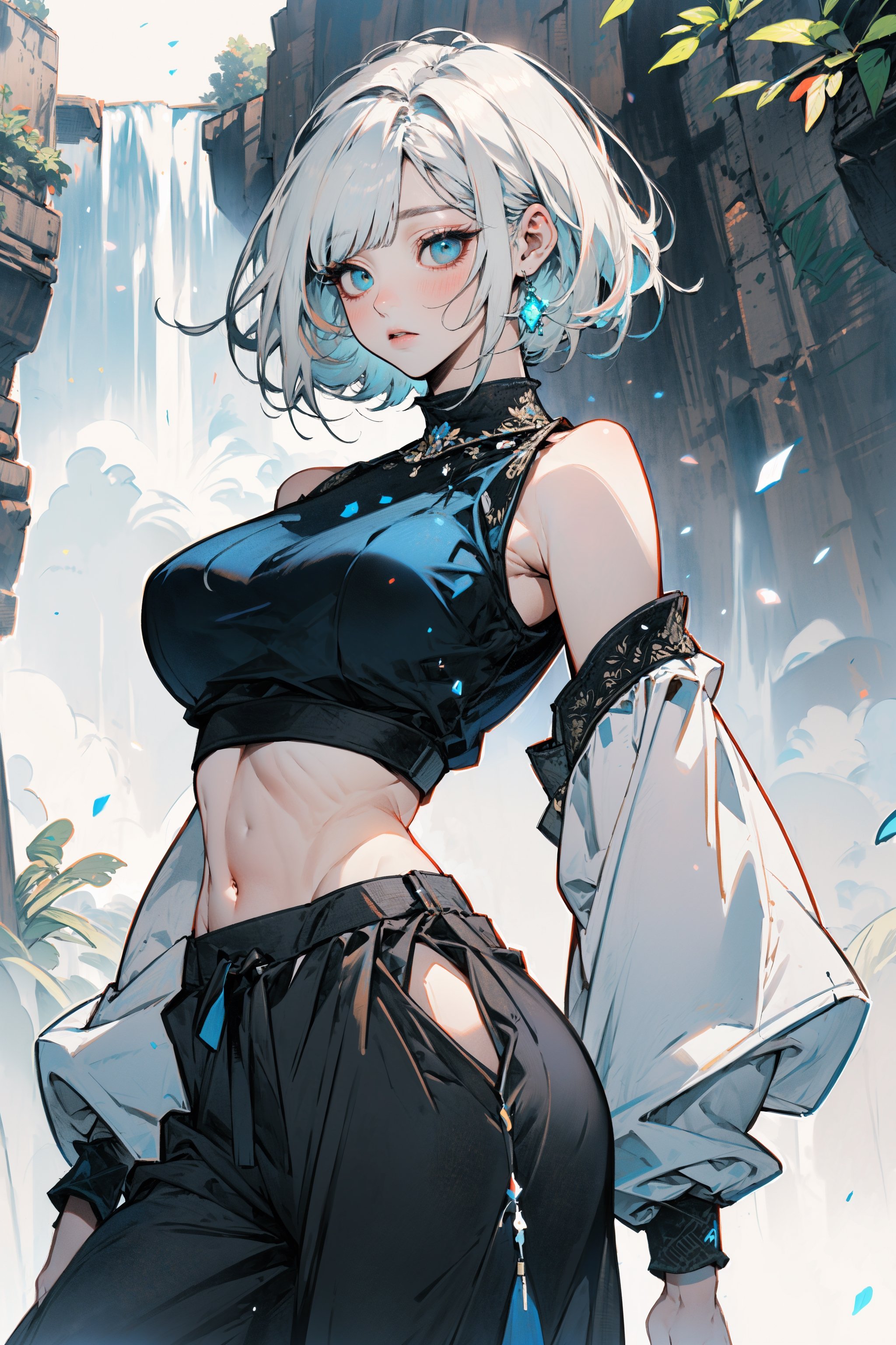 cute girl, waterfall background,  masterpiece,  best quality,  movie still,  extremely detailed,  HD,  8k,  1girl,  dust particles,  volumetric lighting, white hair, oblique bob hairstyle,  power pose,(((sexy))),((sexy croptop , oversize wide pants)), dark dress,(blue eye)