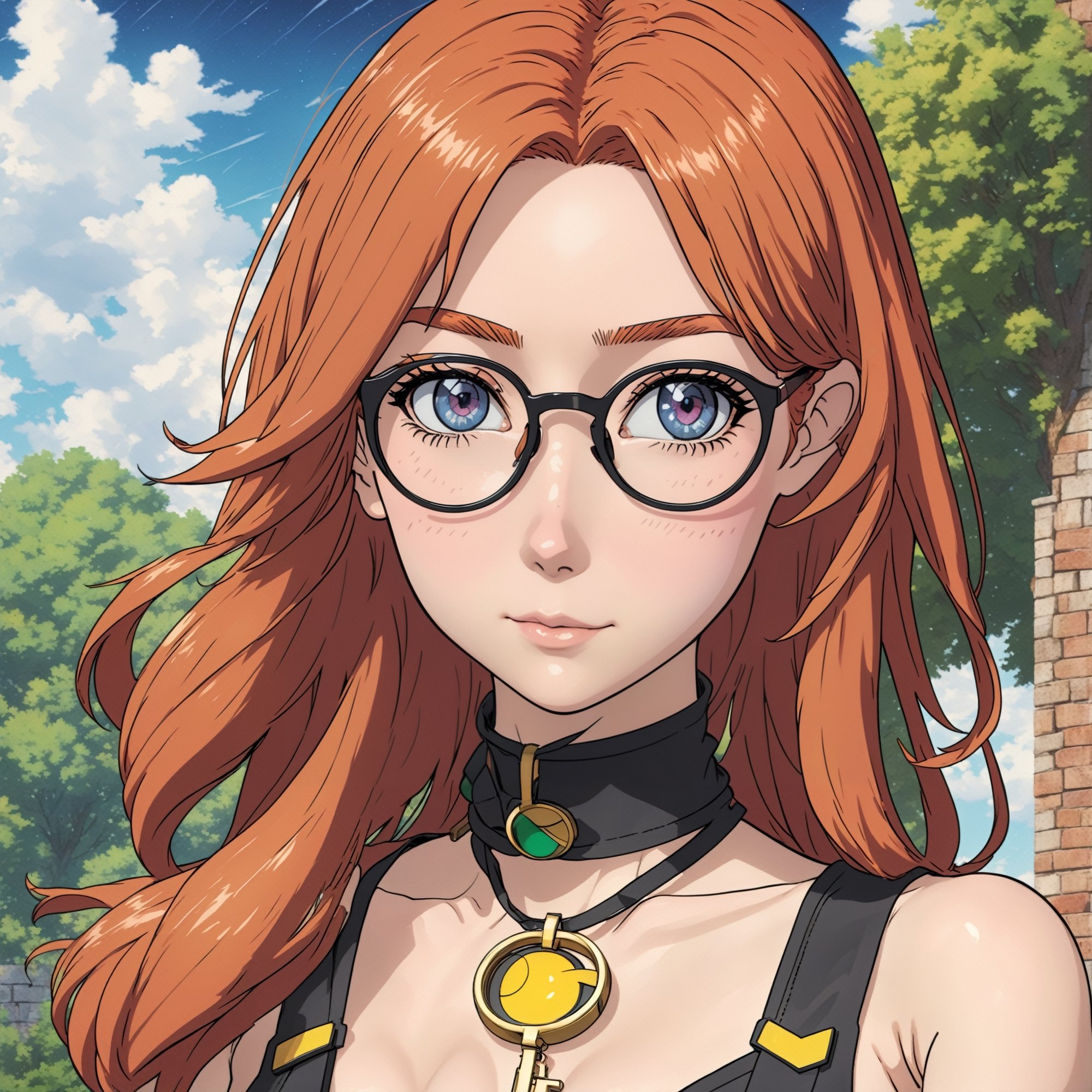 Realistic photo, 1girls, (((small breast implants))), auburn hair, freckles, cartoon eyes, smirk, cleavage, portrait, glasses, wet skin
,realism,realistic,raw,analog,photorealistic,realism ,  detailed image, choker, photo r3al, detailmaster2, Misty from pokemon,1girl,Fire Emblem,Fire Emblem Three Houses