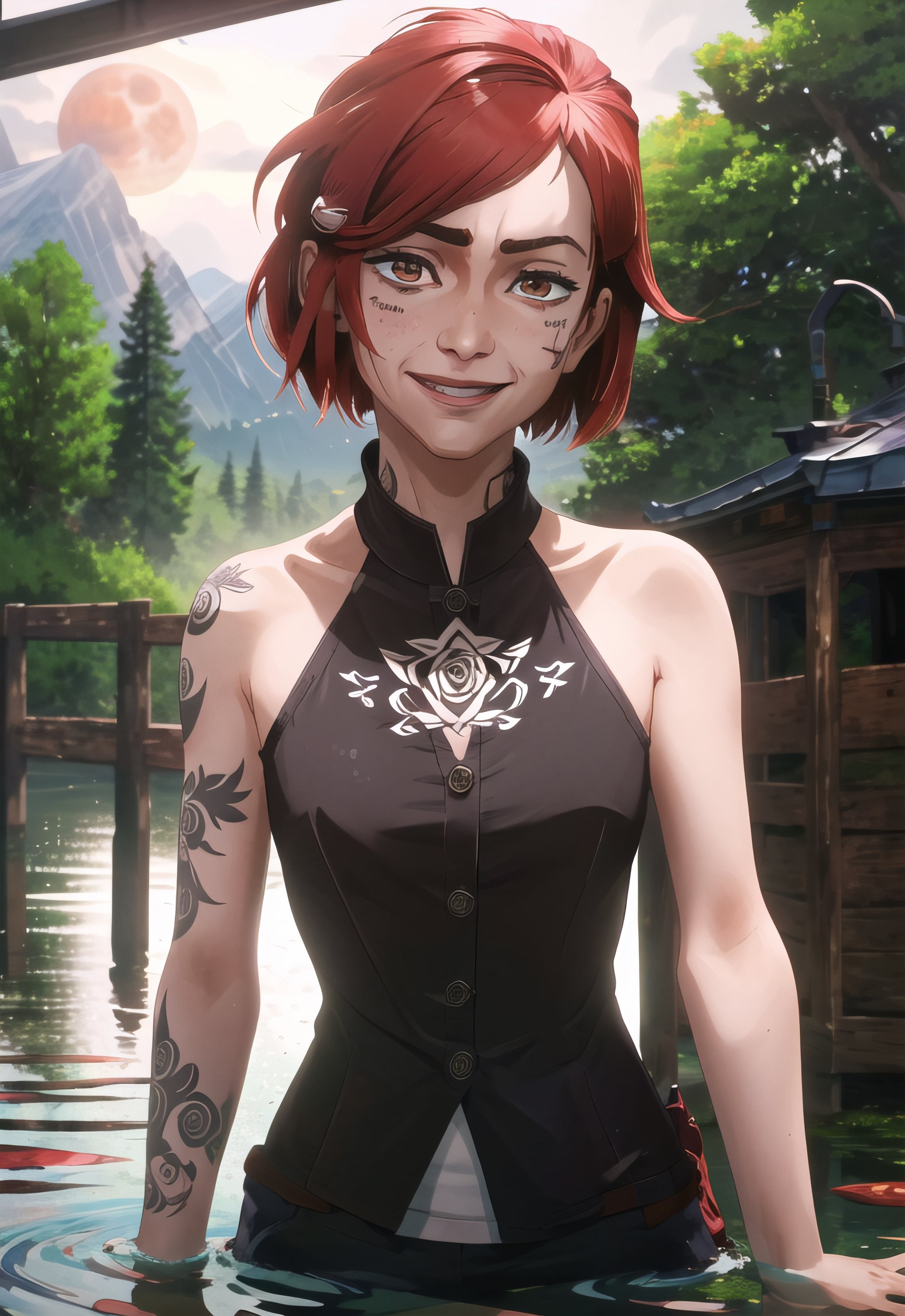 Highly detailed, High Quality, Masterpiece, beautiful, acncait,  1girl, solo, night, (dark environment),mountains, water, trees, red moon, rain,arcane style,nobara kugisaki,brown eyes,Crazy expression, evil, rose tattoo, evil smile.