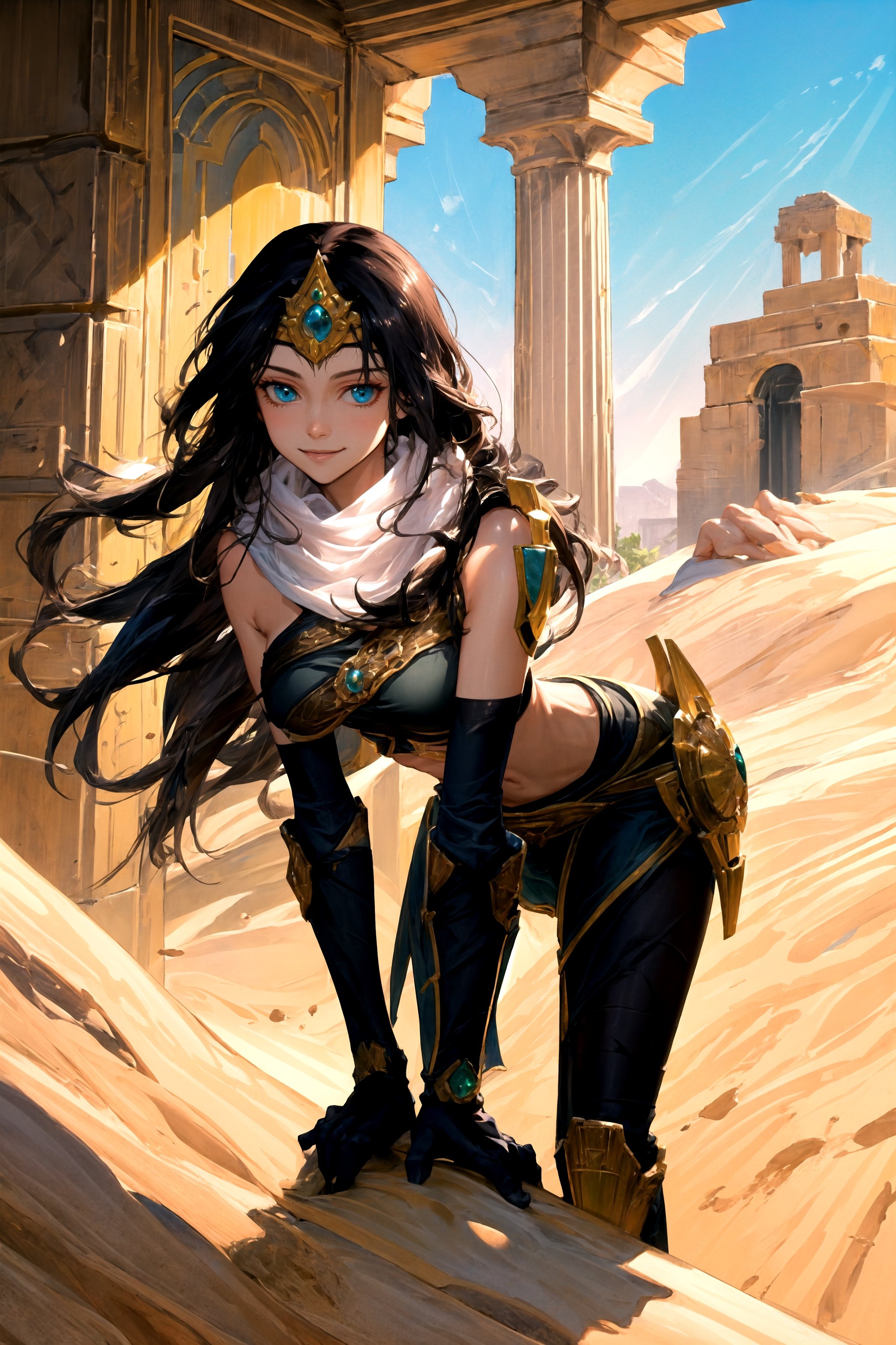 masterpiece, best quality, sivir, circlet, white scarf, bandeau, gauntlets, pelvic curtain, shiny skin, large breasts, looking at viewer, furrowed brow, smile, leaning forward, desert, egyptian architecture 