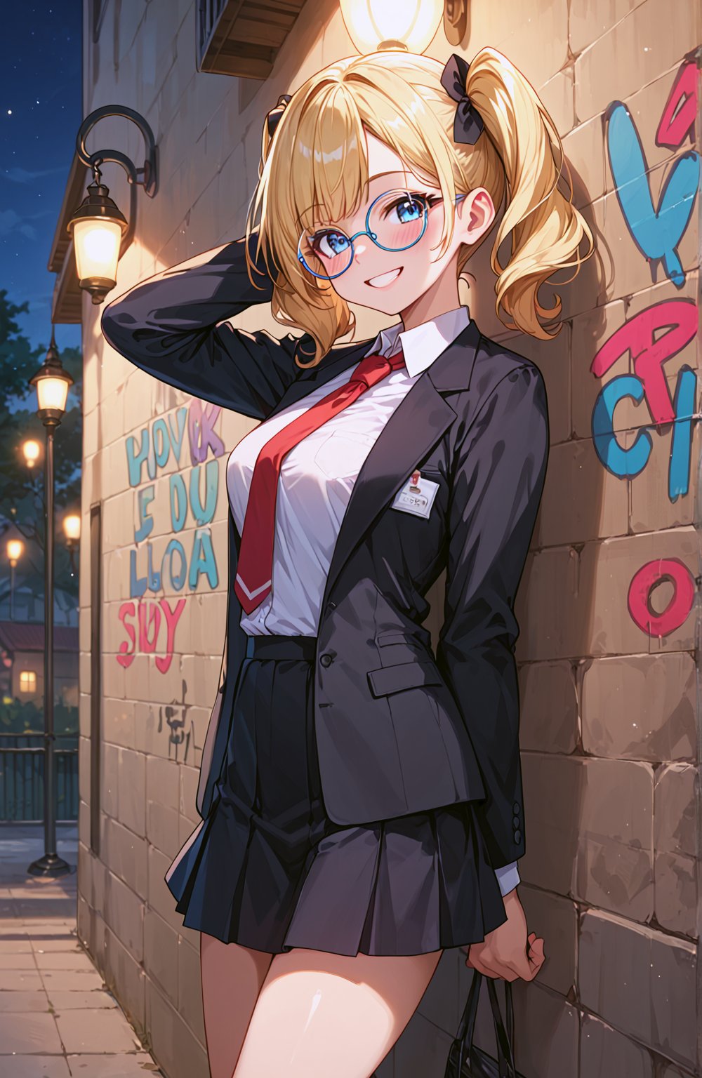 score_9, score_8_up, score_7_up, score_6_up, score_5_up,  a girl standing near the wall, there's a lot of graffiti on the wall, short blonde hair, pigtails, blue eyes, small round clear glasses,black suit, black skirt, long red tie, looking at viewer, cute slight smile, smile, playful expression, flirting, blush,night, lamp light, warm light
