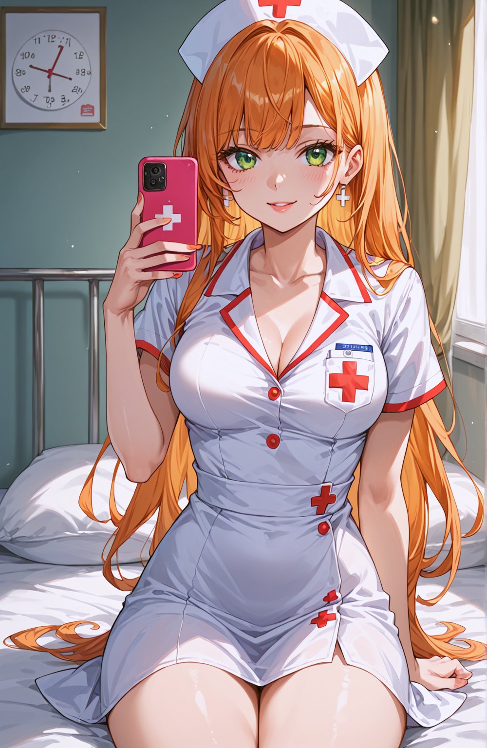 (score_9, score_8_up, score_7_up, score_6_up, score_5_up, score_4_up) 1girl, Gwendolyn_Tennyson, green eyes, orange haircut, nurse, white dress, nurse cap, anime_source, front view, soft color, three quarter view, patient room, looking at viewer, selfie with phone, sitting on bed, 