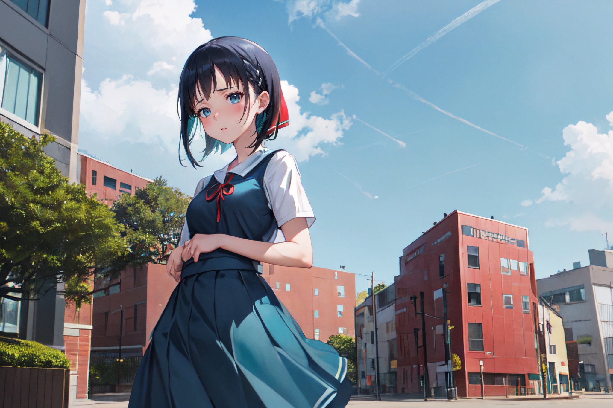 suguha, perfect, light,Standing Poses,school_uniform,Long dresses,(Aqua Blue Uniform with Red Ribbon:1.2),(Long Skirt:1.3),Slim Thighs,nurses' outfits.(Small breasts:1.2), young, shy, 17-year-old girl. White Thigh High Socks,leather shoes,aakaguya, It's very tense on an empty street.