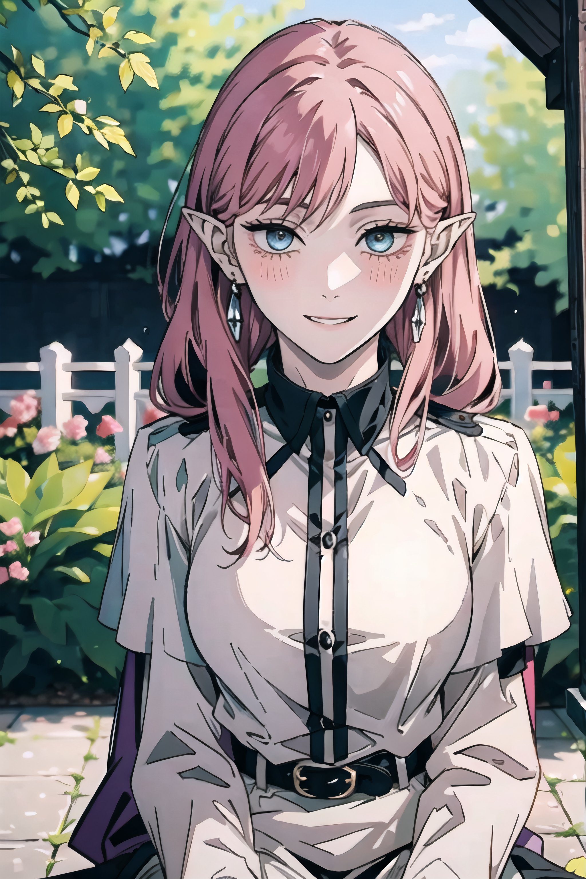 masterpiece, best quality, ultra-detailed, glowing light, (detailed background, complex background:1.2), (perfect face, detailed face), (mature female, milf:1.4), full-face blush, smile, parted lips, thighs,, frieren, 1girl, long hair, pointy ears, twintails, jewelry, elf, earrings, capelet, white capelet, long sleeves, parted bangs, dress, belt, flower(outdoors, garden, sitting, arms support)  