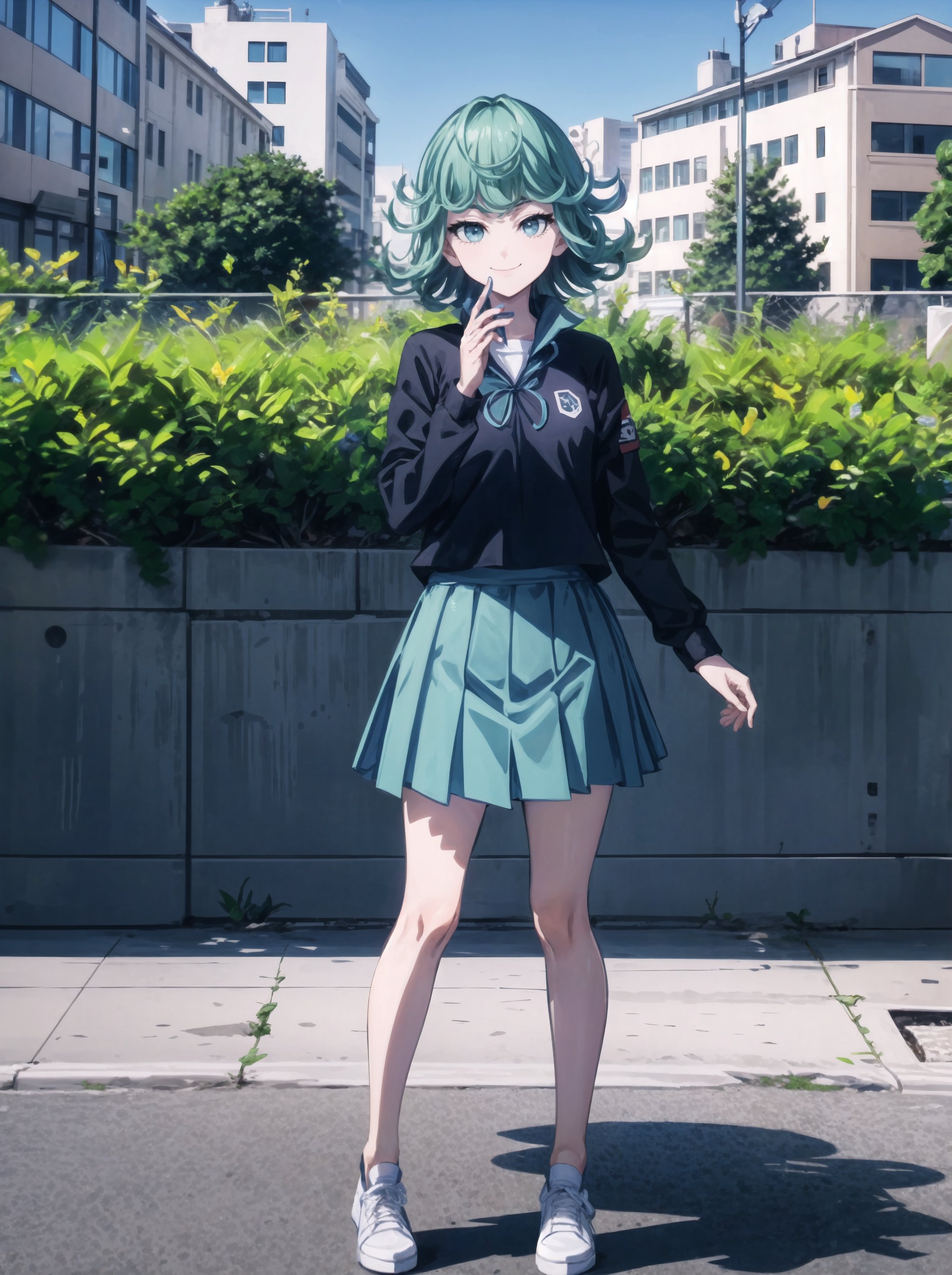 (((pixel perfect, detail perfect))), solo, 1girl, wearing student uniform, white top, blue pleated skirt, playful pose tatsumaki, looking at the audience, smiling