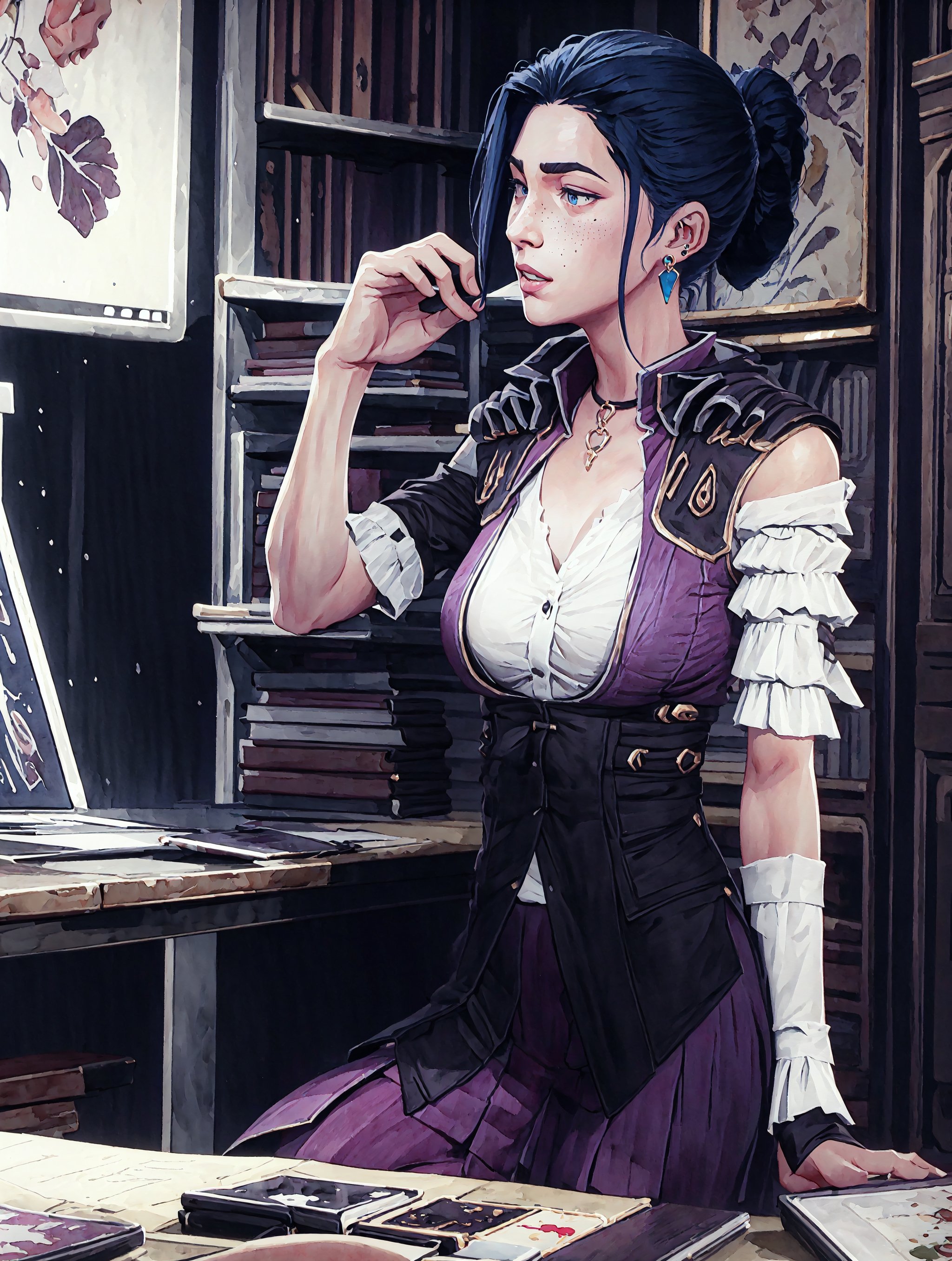 1 girl, arcane style, watercolor style:1.5, long hair, freckles, black hair, earings, desktop, office, coffee, laptop, books, sexy, hot,hair tied, office uniform, happy, skirt, ,acncait