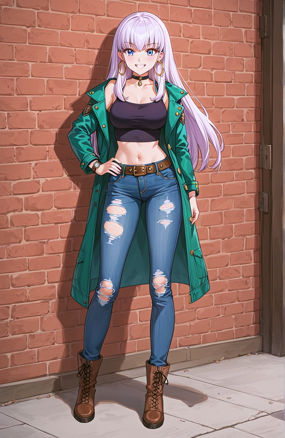 1girl, solo, denim, green jacket, navel, pants,smile, jeans, jacket, midriff,watch, wristwatch, looking at viewer,belt, full body,jewelry, earrings,choker, hand on hip, torn jeans, brown footwear, blue eyes, torn pants, crop top, torn clothes, standing, boots, collarbone, alternate costume, open clothes,open jacket, hoop earrings,
lysithea_von_ordelia,1girl, white_hair, pink_eyes
