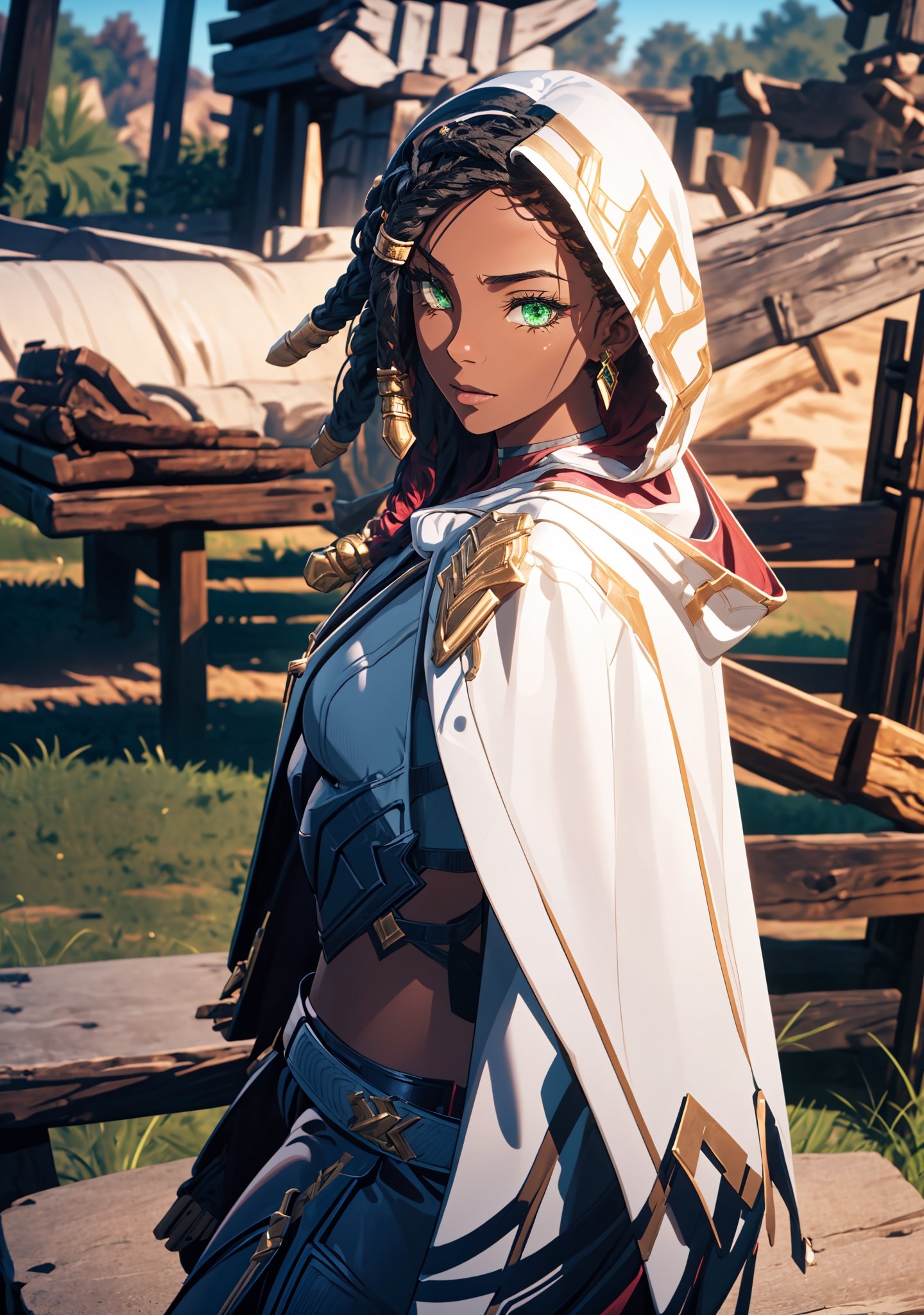 senna \(league of legends\), 1girl, dark-skinned female, dreadlocks, hooded cape, green eyes, solo, sitting, detailed face, ultra detailed eyes, looking at viewer, (cowboy shot), sunbeam, colosseum, battle, (masterpiece:1.2, best quality)
