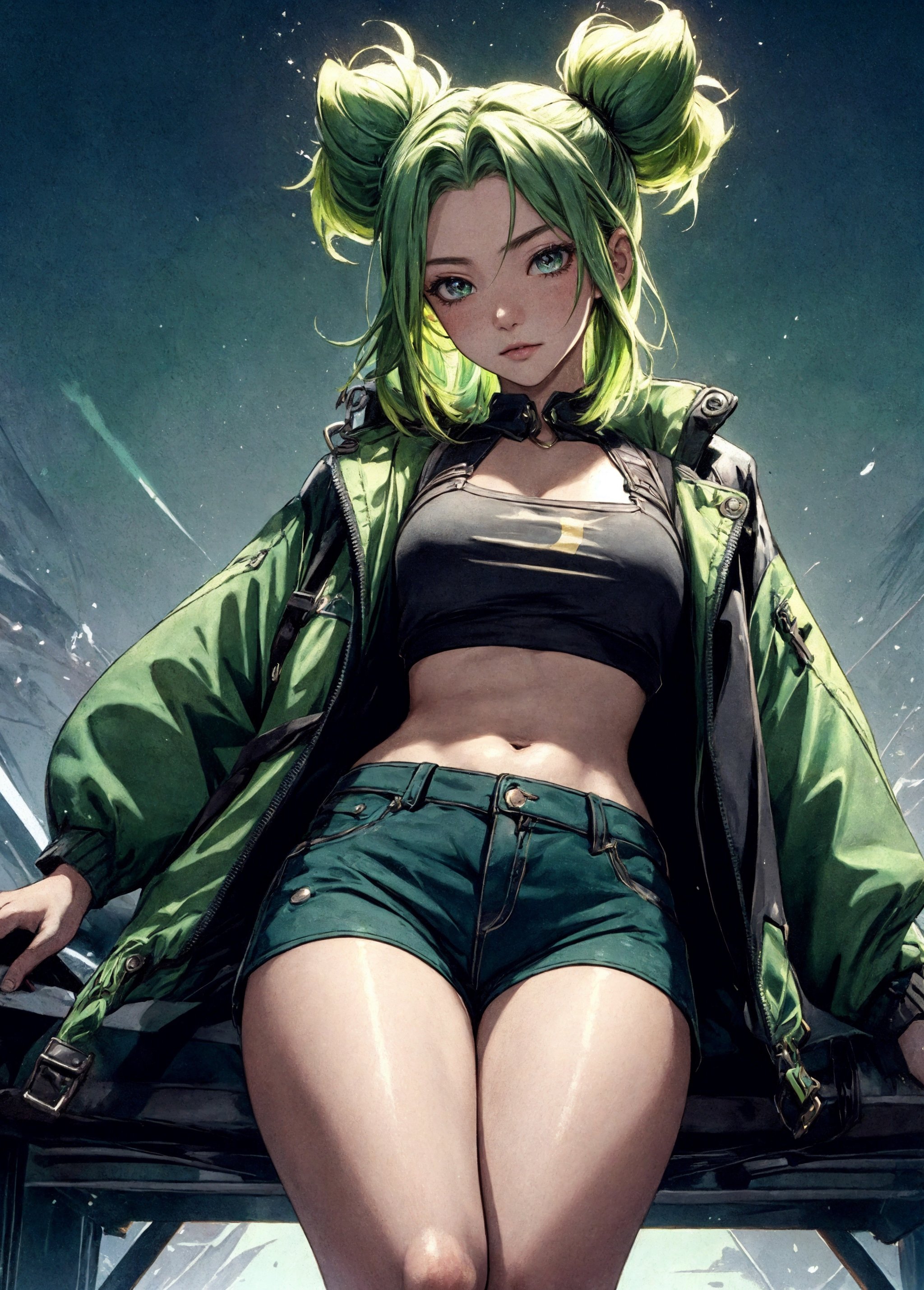 best quality, masterpiece, (1girl solo),Exquisite facial features,beautiful detailed eyes, 4k, Hdr, , green hair, dark skin, micro shorts, cropped jacket, vest, thighs, thick thighs, twintails,
