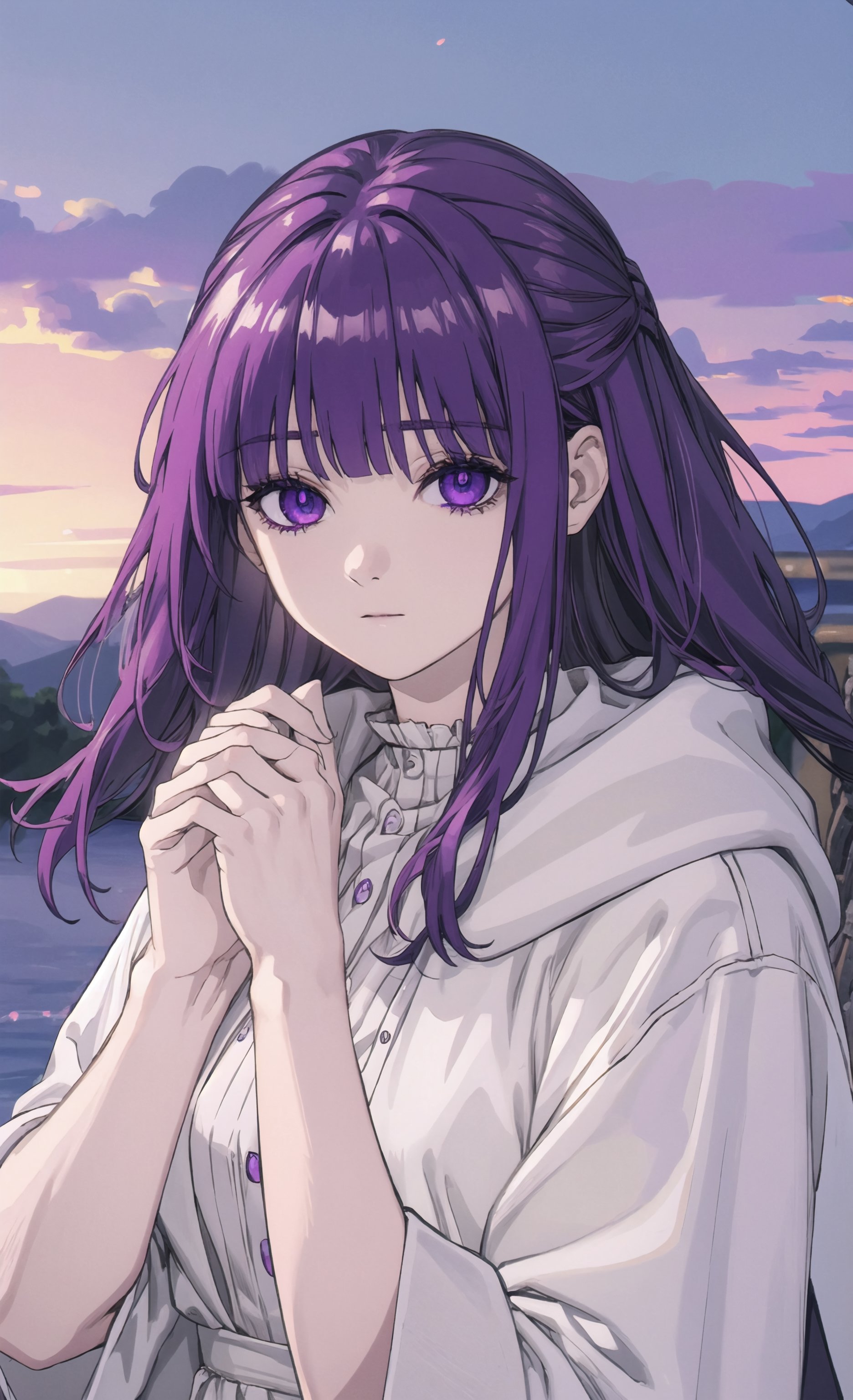 fern, ,fern, long hair, bangs, (purple eyes:1.1), purple hair, sidelocks, blunt bangs, bright pupils, half updo,BREAK shirt, dress, jacket, white shirt, open clothes, hood, white dress, hood down,BREAK looking at viewer, upper body, (full body:1.2),BREAK outdoors, sky, nature,BREAK  (masterpiece:1.2), best quality, high resolution, unity 8k wallpaper, (illustration:0.8), (beautiful detailed eyes:1.6), extremely detailed face, perfect lighting, extremely detailed CG, (perfect hands, perfect anatomy), 