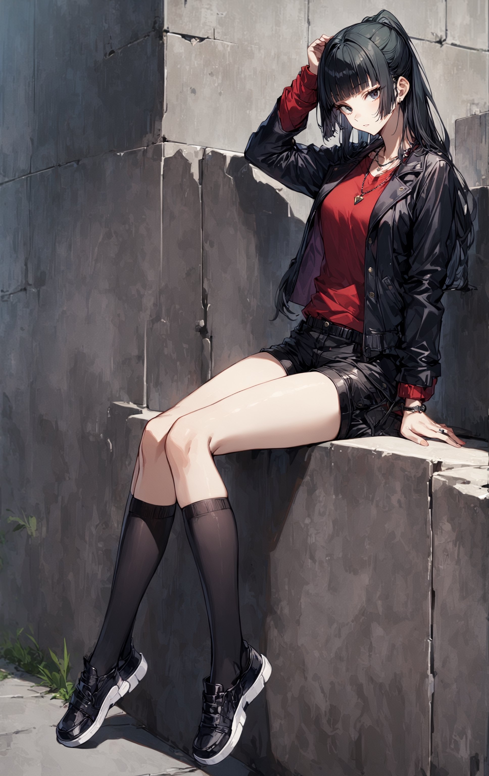 1girl, solo, long hair, looking at viewer, bangs, shirt, black hair, long sleeves, jewelry, sitting, jacket, outdoors, shorts, socks, blunt bangs, necklace, black eyes, black jacket, kneehighs, cosplay, short shorts, black shorts,  red shirt,
