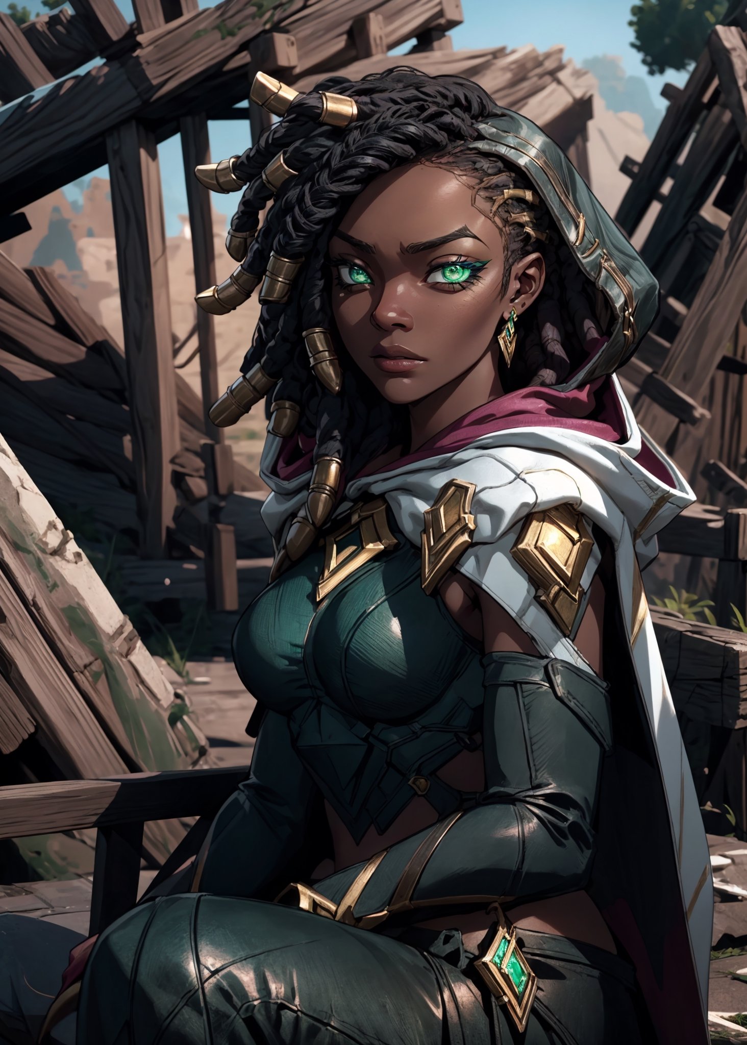 senna \(league of legends\), 1girl, dark-skinned female, dreadlocks, hooded cape, green eyes, solo, sitting, detailed face, ultra detailed eyes, looking at viewer, (cowboy shot), sunbeam, colosseum, battle, (masterpiece:1.2, best quality)
