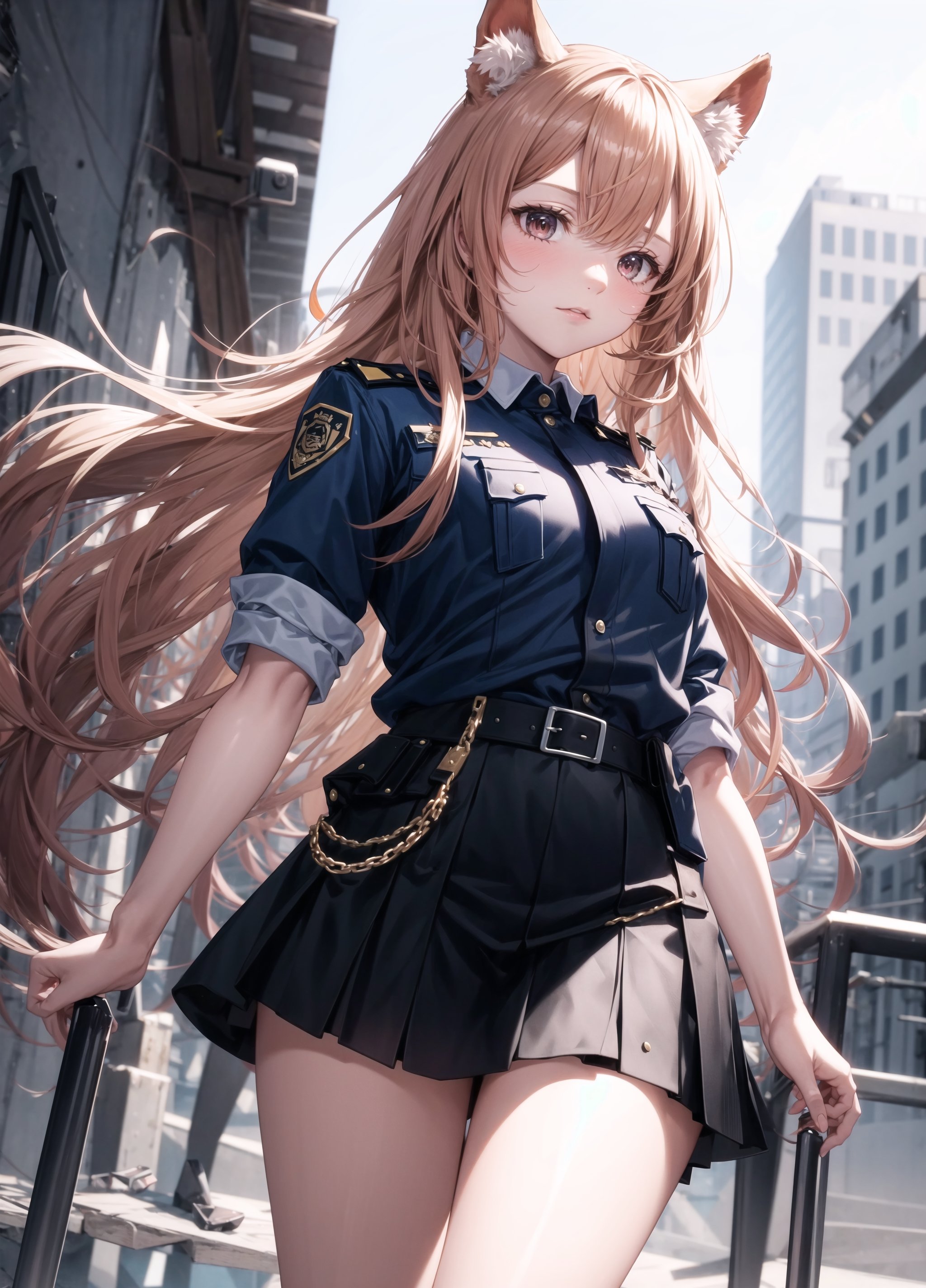 A girl, 30 years old, wearing a police uniform and narrow skirt, looking from the lower body to the upper body,raphtalia