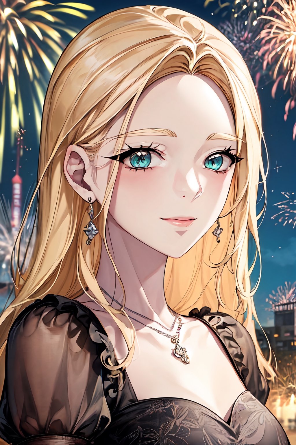 best quality, masterpiece, portrait, close-up, evonne deluah, aqua eyes, blonde hair, very long hair, forehead, hair intakes, sidelocks, straight hair, frilled dress, necklace, smile, closed mouth, looking at viewer, outdoors,fireworks, celebration
