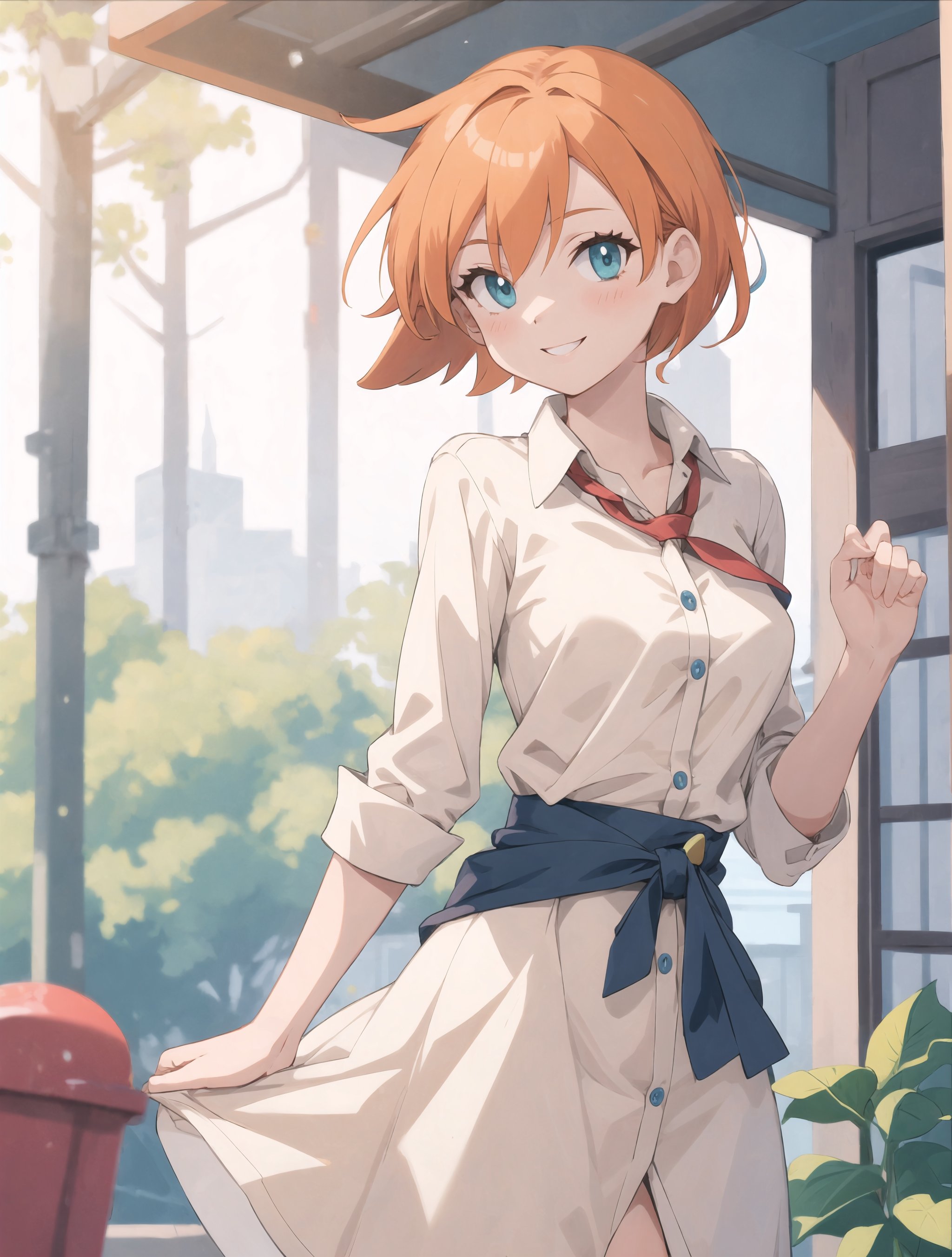 misty pokemon, orange hair,  1girl, small breasts, solo, looking at viewer, short hair,outdoors ,smile,Vintage-inspired shirtwaist dress with a button-down front and waist tie ,short hair