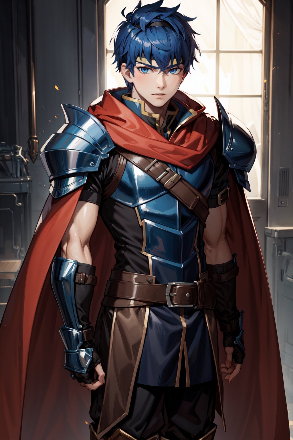 masterpiece, best quality, highres, 1boy, ike, blue eyes, armor, headband, cape