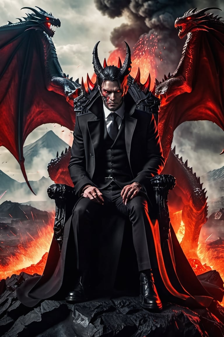  a terrifying demon looking furiously, covered with long black coat, battle scars all over his face, looking with a fierce look in his eyes, sitting in his throne, crossed legs and crossed hands between his shoulders, looking with intense and focused look, red glowing eyes, 3d enviroment, background with volcanic eruption and lava with dragons flying, dragon spitting fire