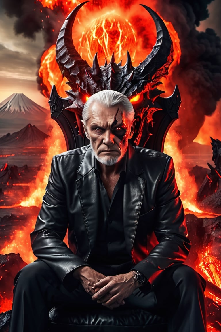 Russian old man dressed up like devil, battle scars all over his face, looking with a fierce look in his eyes, sitting in his throne, crossed legs and crossed hands between his shoulders, looking with intense and focused look, red glowing eyes, 3d enviroment, background with volcanic eruption and lava with dragons