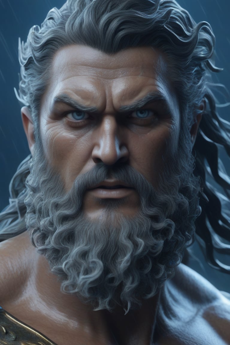 Poseidon with a thunder in his eyes, realistic texture, realistic face, fierce look, 8K, 3D, 3:2