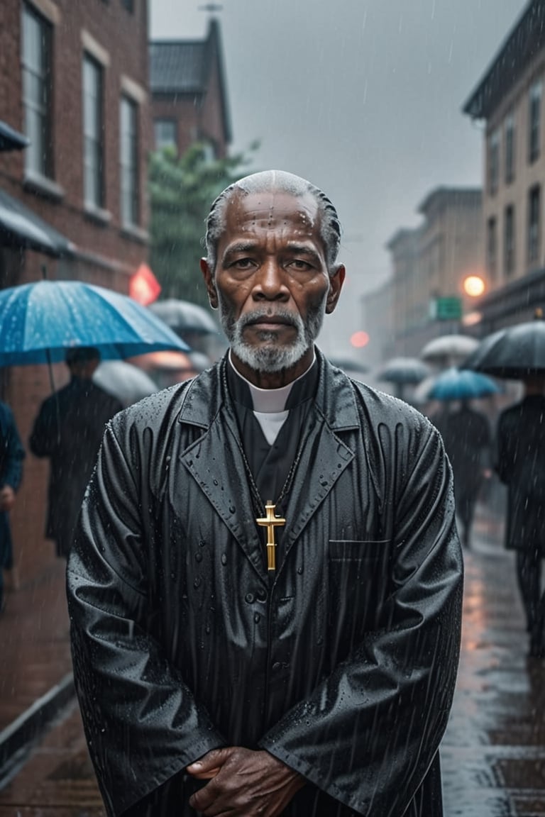 Church priest old man, aesthetic body, meditating in the rain, Highly detailed faces, highly detailed bodies, highly detailed clothing, Perfect finger, not a single blemish, background with people worshipping jesus